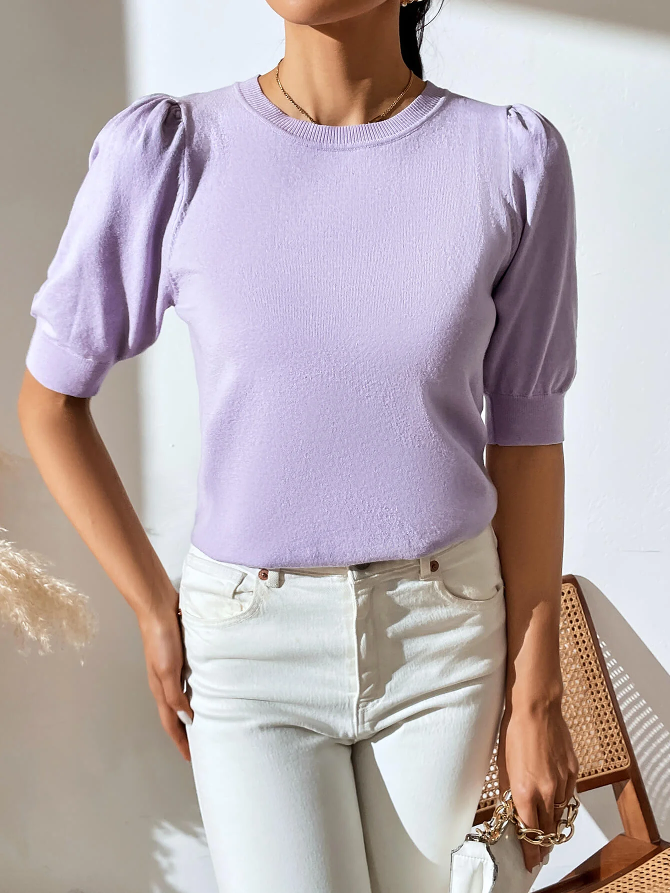HALO SHORT SLEEVE COTTON BLEND KNIT TOP - LILAC - Image 6