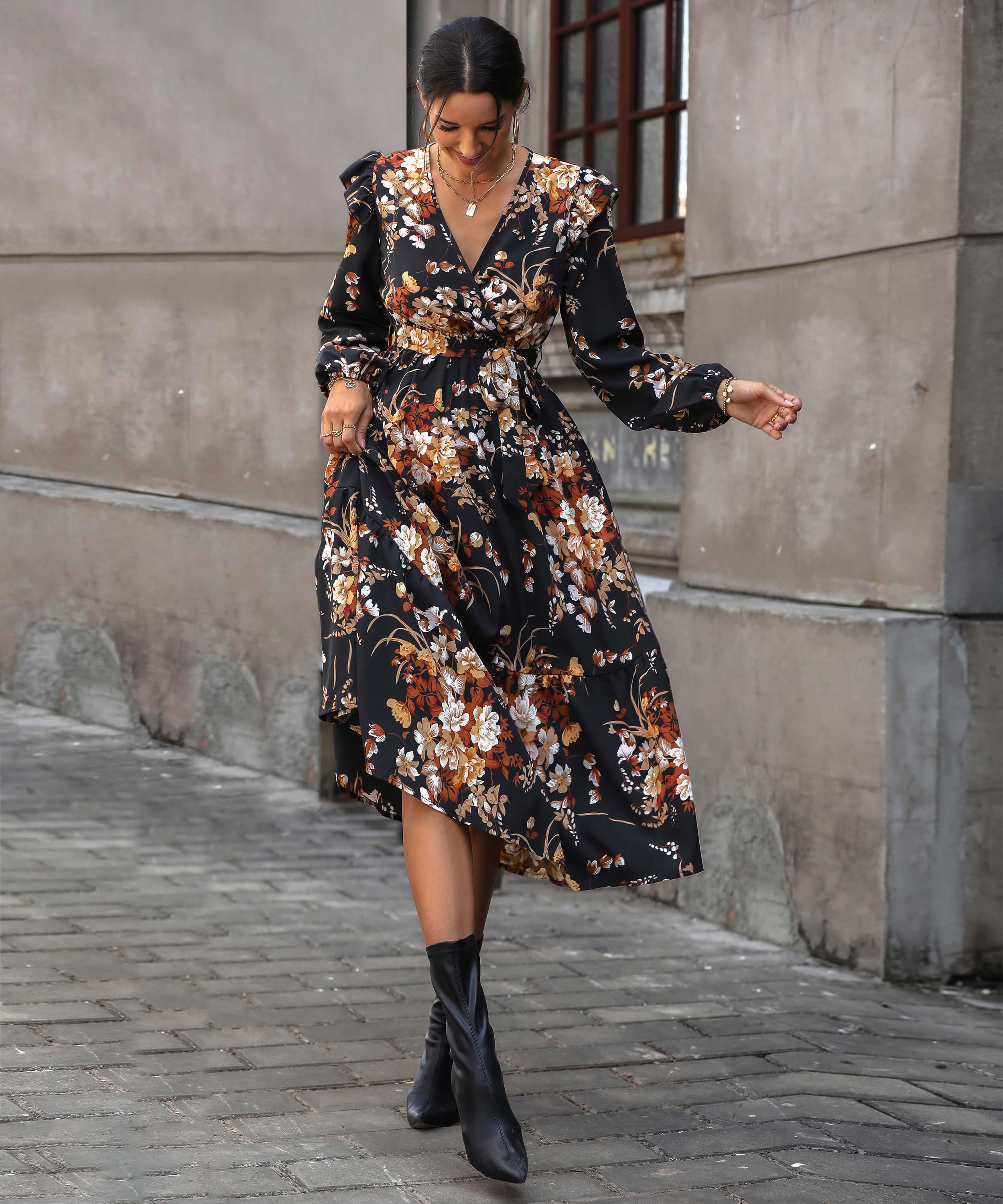Harvest Love Floral Print Tiered Midi Dress - Image 3