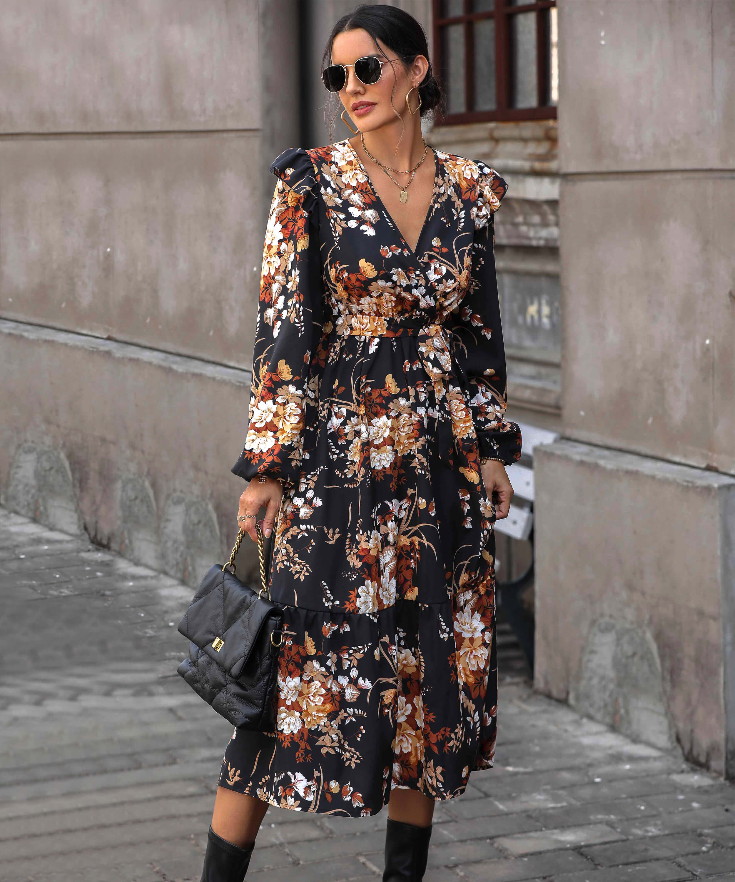 Harvest Love Floral Print Tiered Midi Dress - Image 5