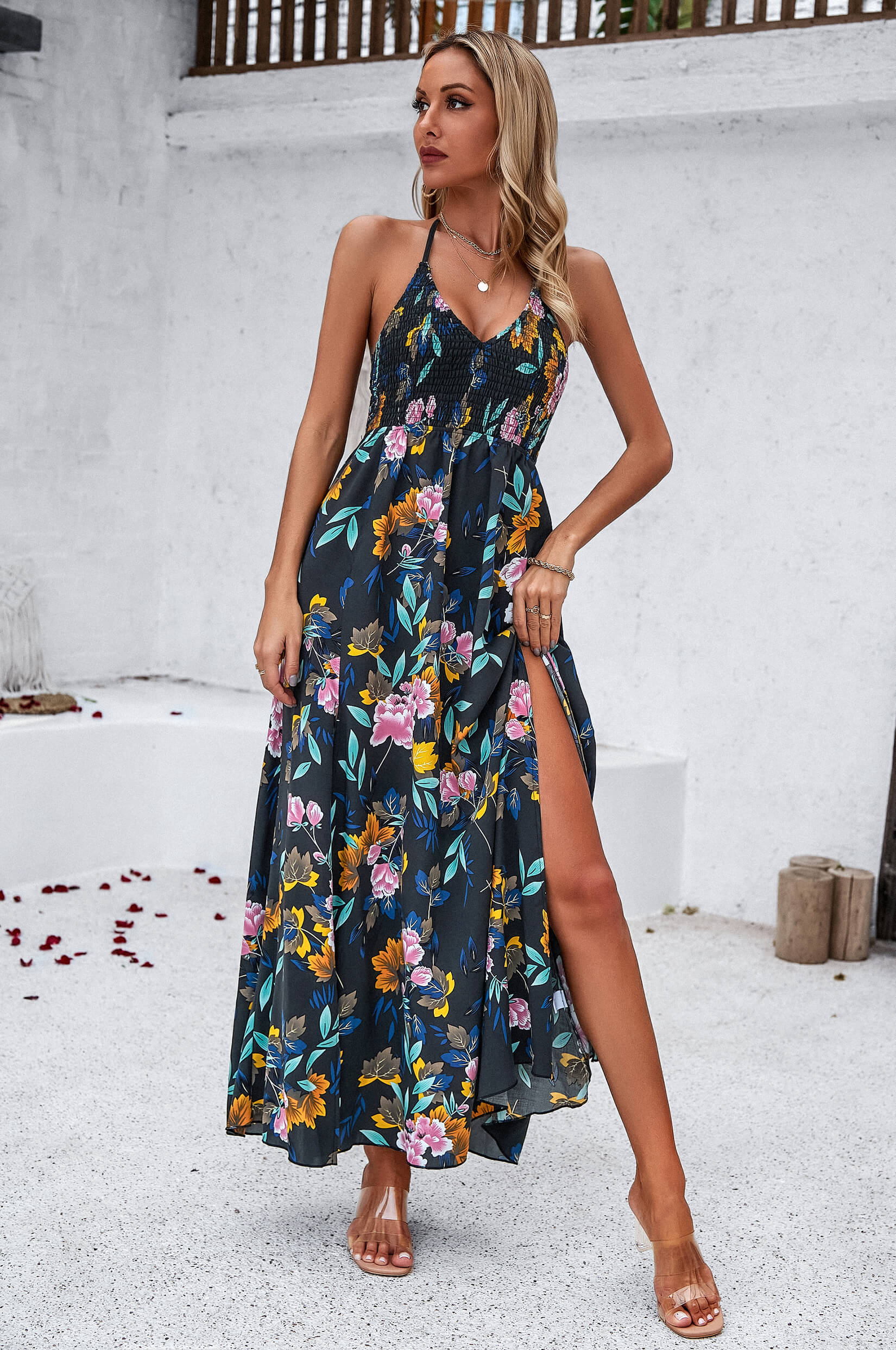 Hawaii Floral Print Tie Back Halter Maxi Dress - Black - Image 2
