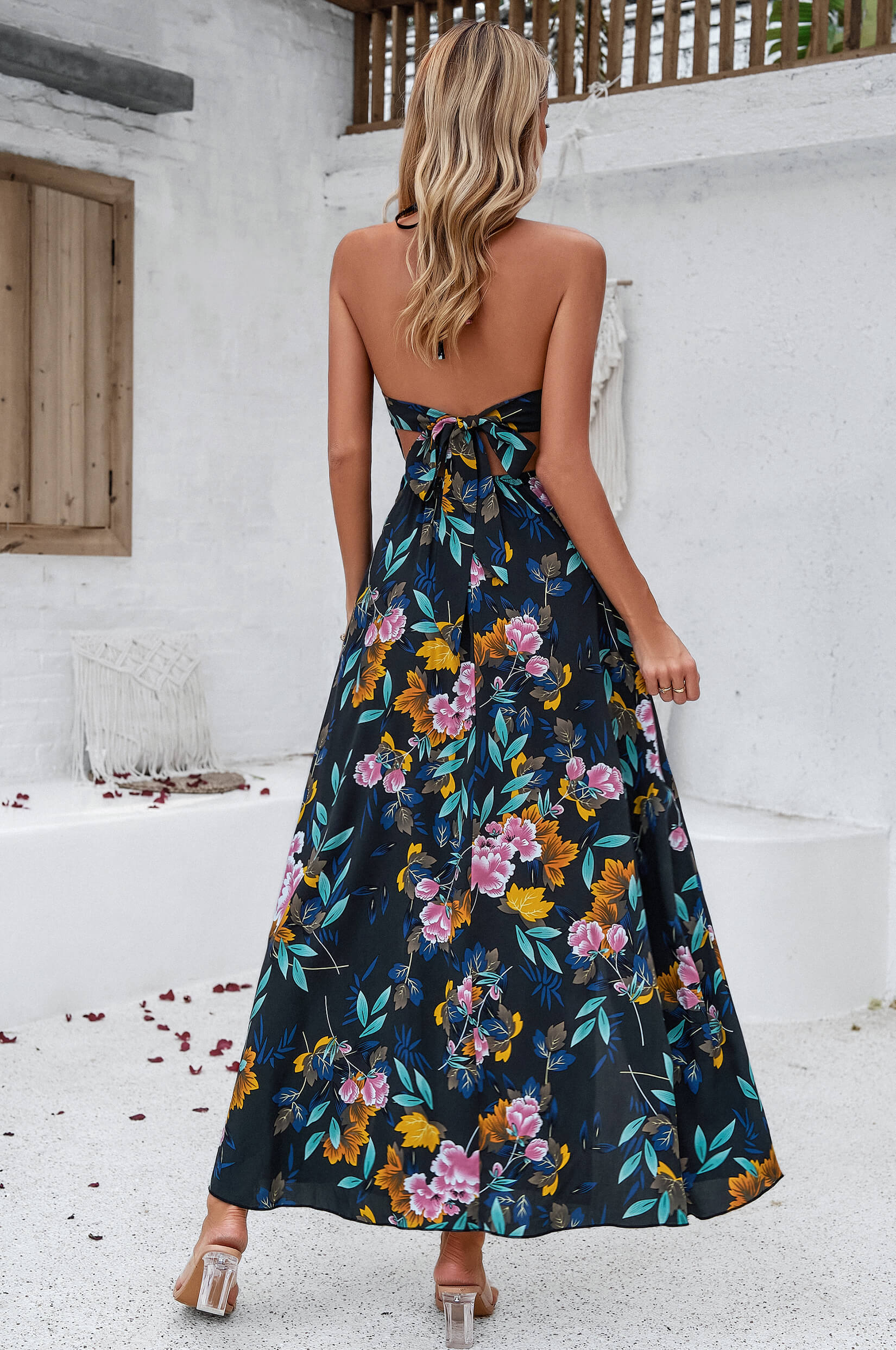 Hawaii Floral Print Tie Back Halter Maxi Dress - Black - Image 3