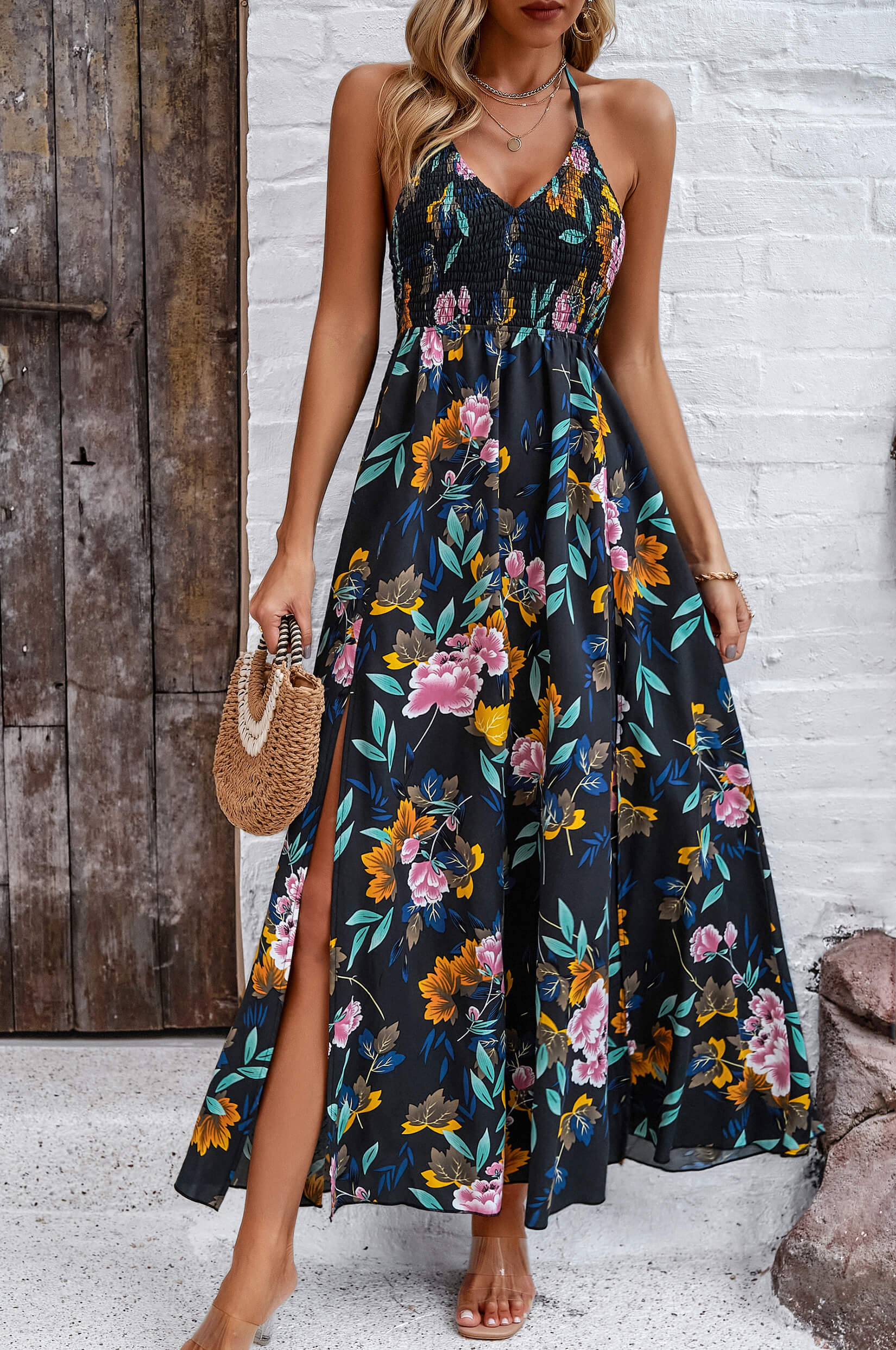 Hawaii Floral Print Tie Back Halter Maxi Dress - Black - Image 4
