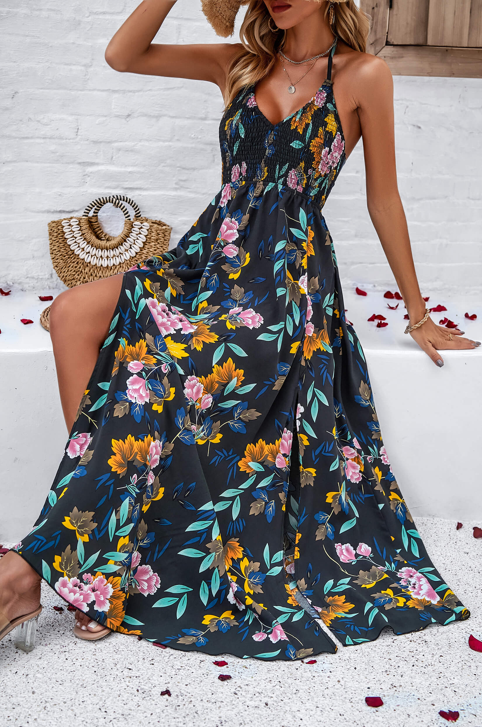 Hawaii Floral Print Tie Back Halter Maxi Dress - Black - Image 6