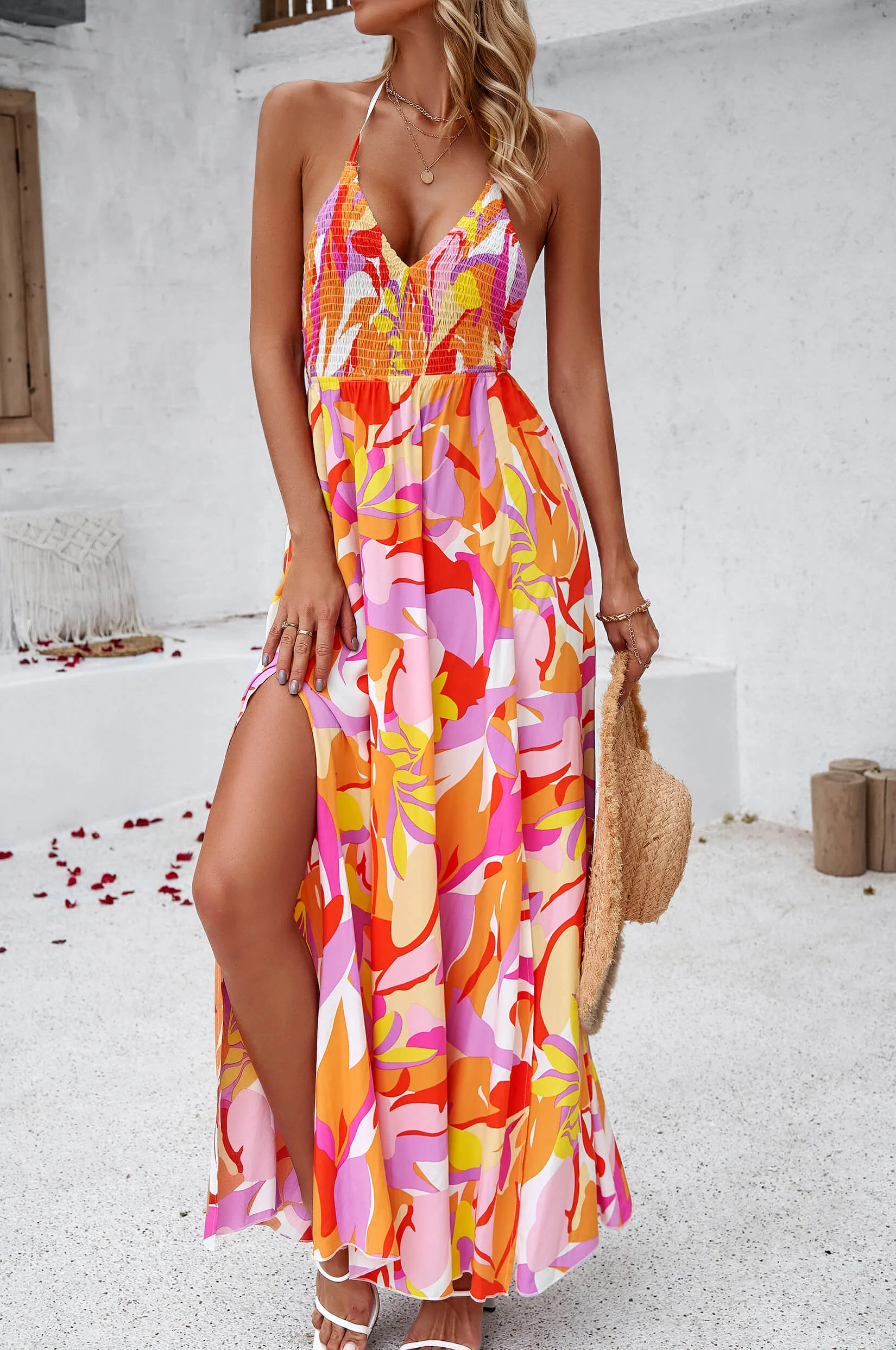 Hawaii Floral Print Tie Back Halter Maxi Dress - Orange - Image 2