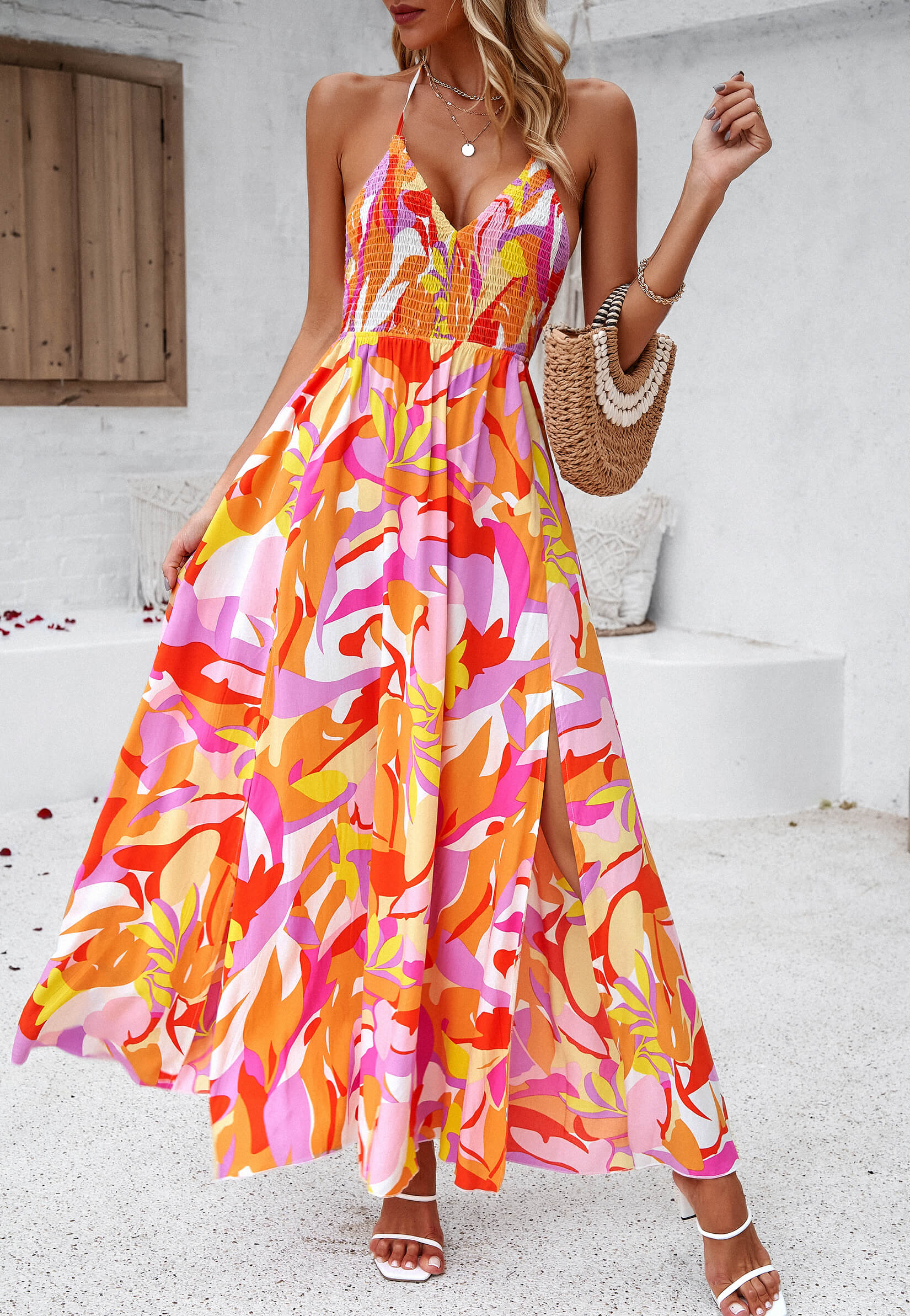 Hawaii Floral Print Tie Back Halter Maxi Dress - Orange - Image 3