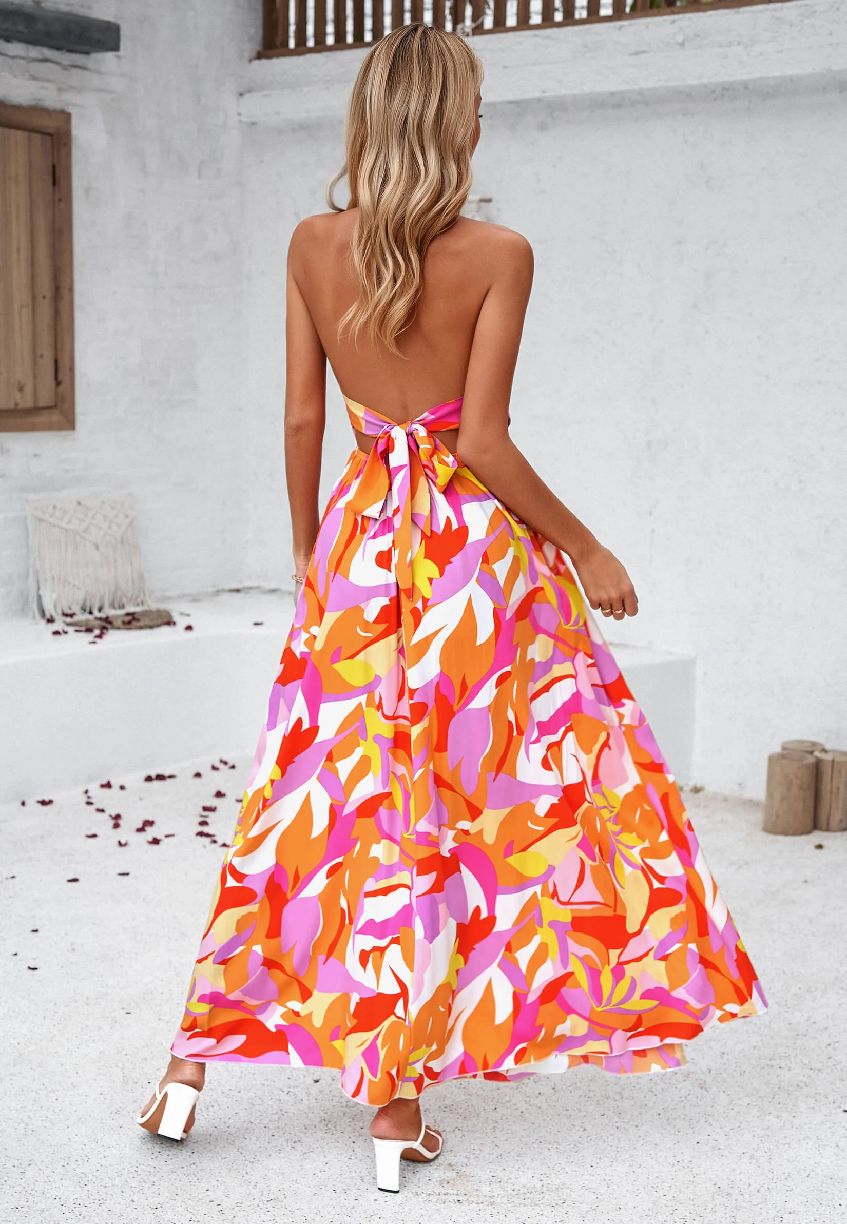 Hawaii Floral Print Tie Back Halter Maxi Dress - Orange - Image 4