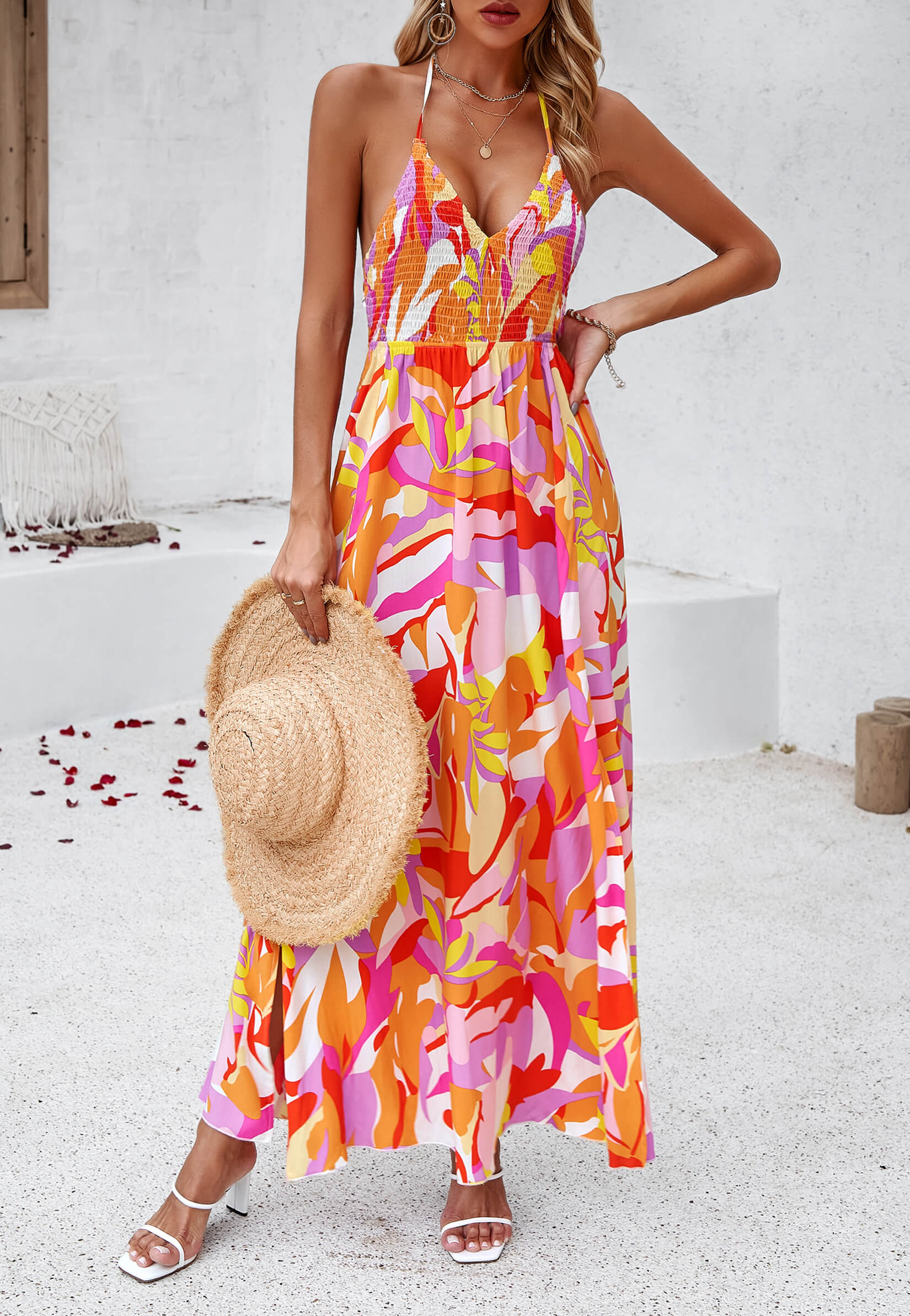 Hawaii Floral Print Tie Back Halter Maxi Dress - Orange - Image 5