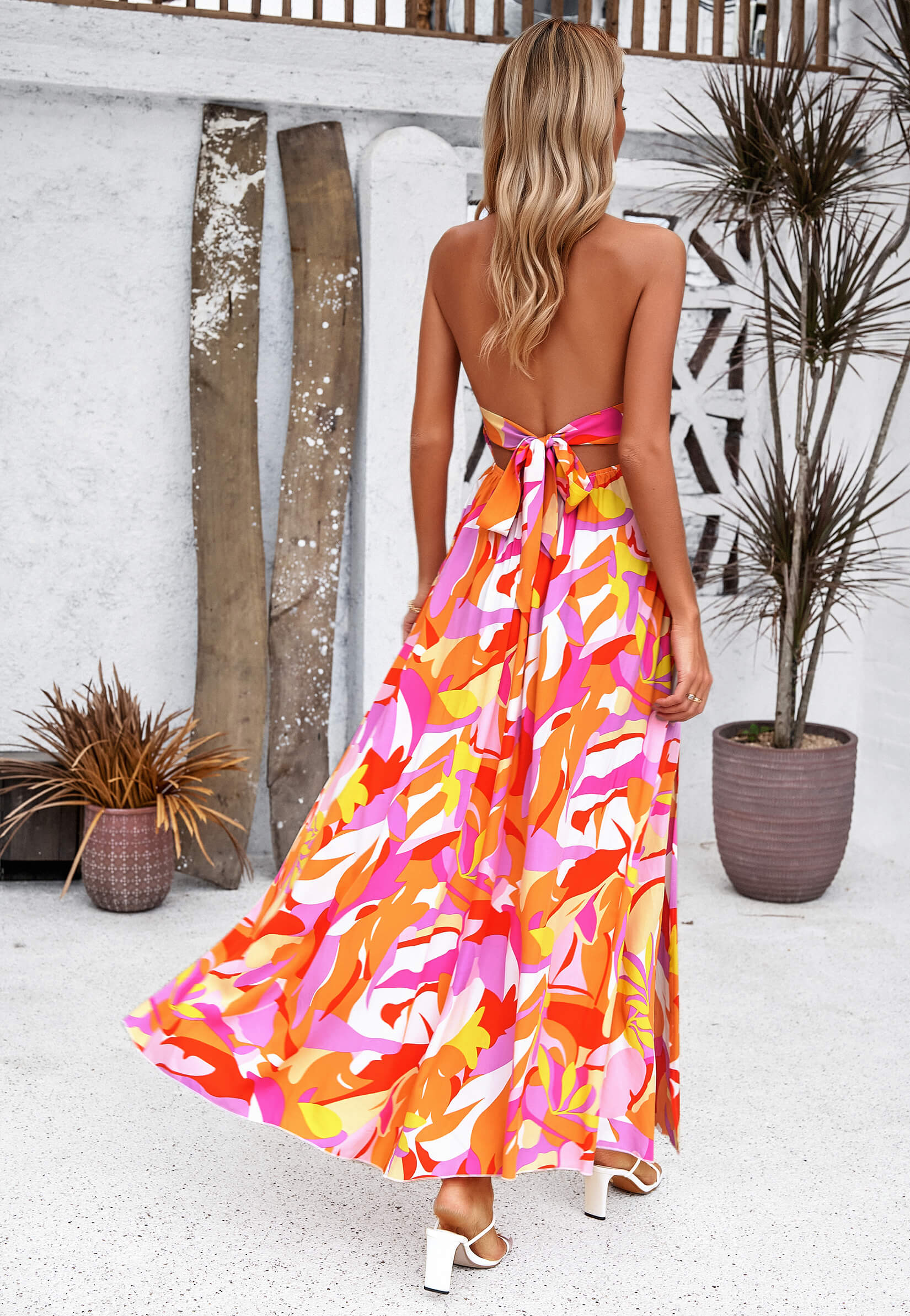 Hawaii Floral Print Tie Back Halter Maxi Dress - Orange - Image 6