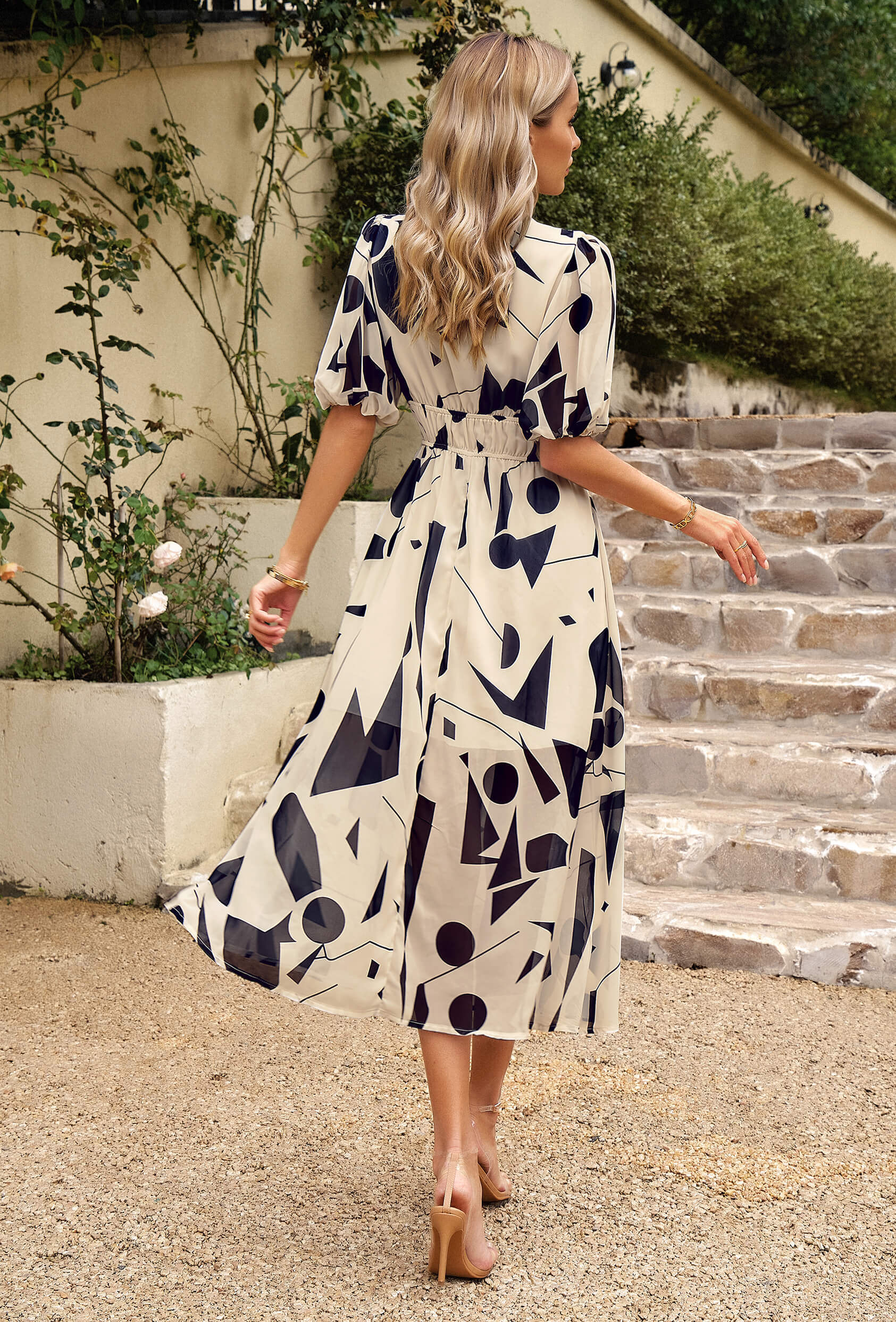 HIDDEN PASSAGE PRINTED MIDI DRESS - BEIGE - Image 3