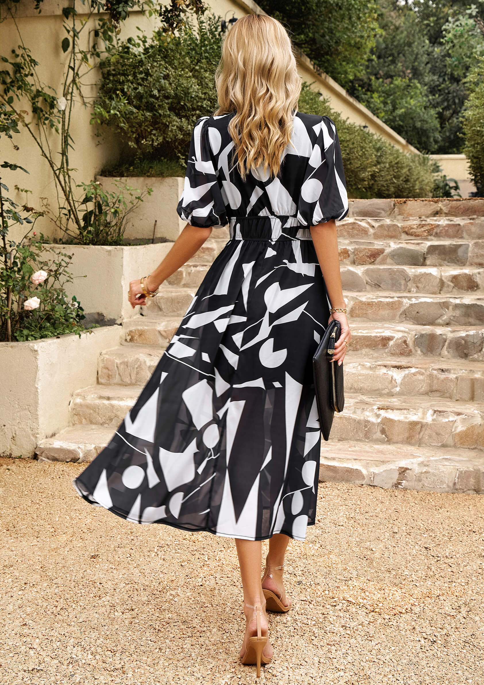 HIDDEN PASSAGE PRINTED MIDI DRESS - BLACK - Image 3