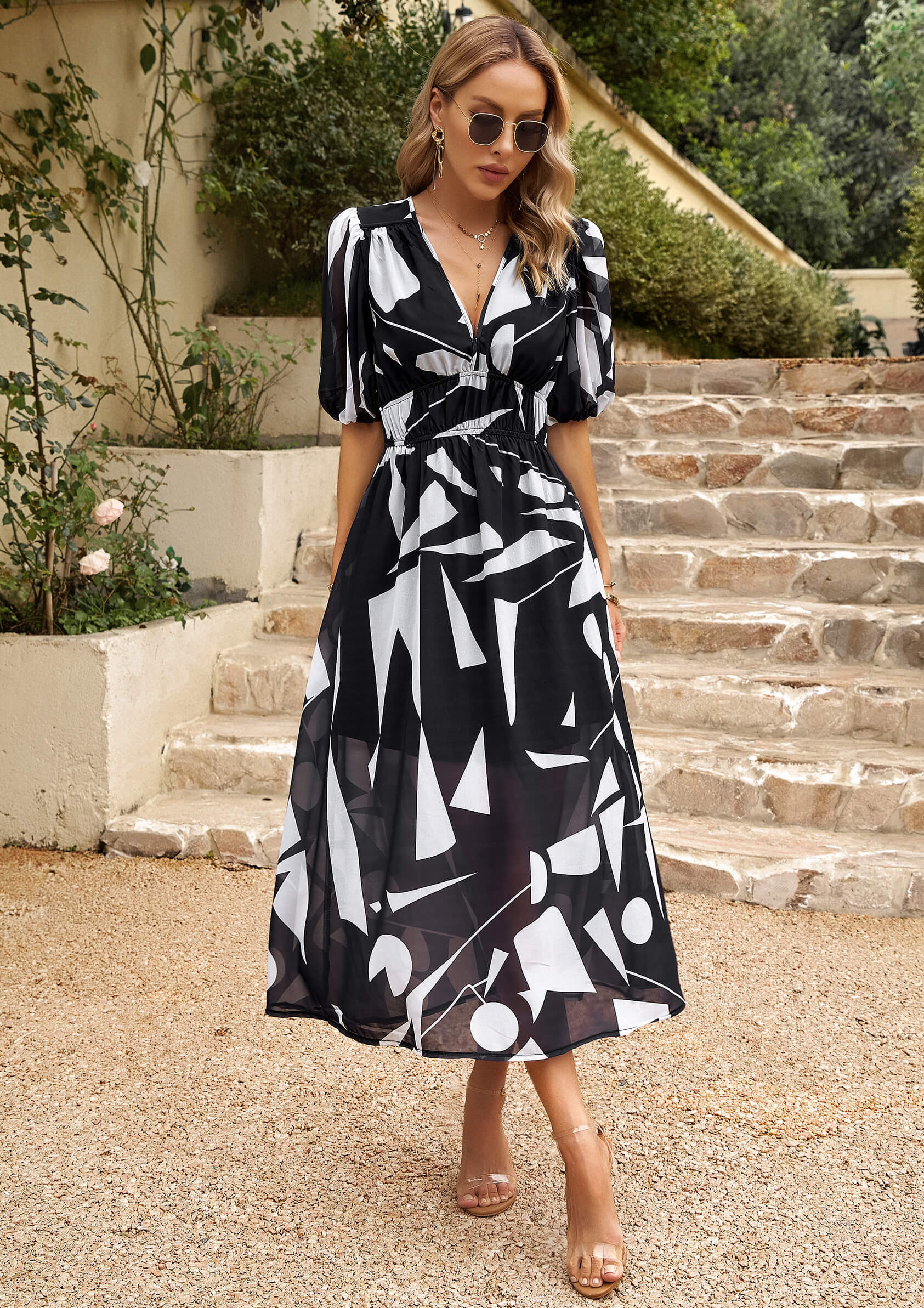 HIDDEN PASSAGE PRINTED MIDI DRESS - BLACK - Image 4