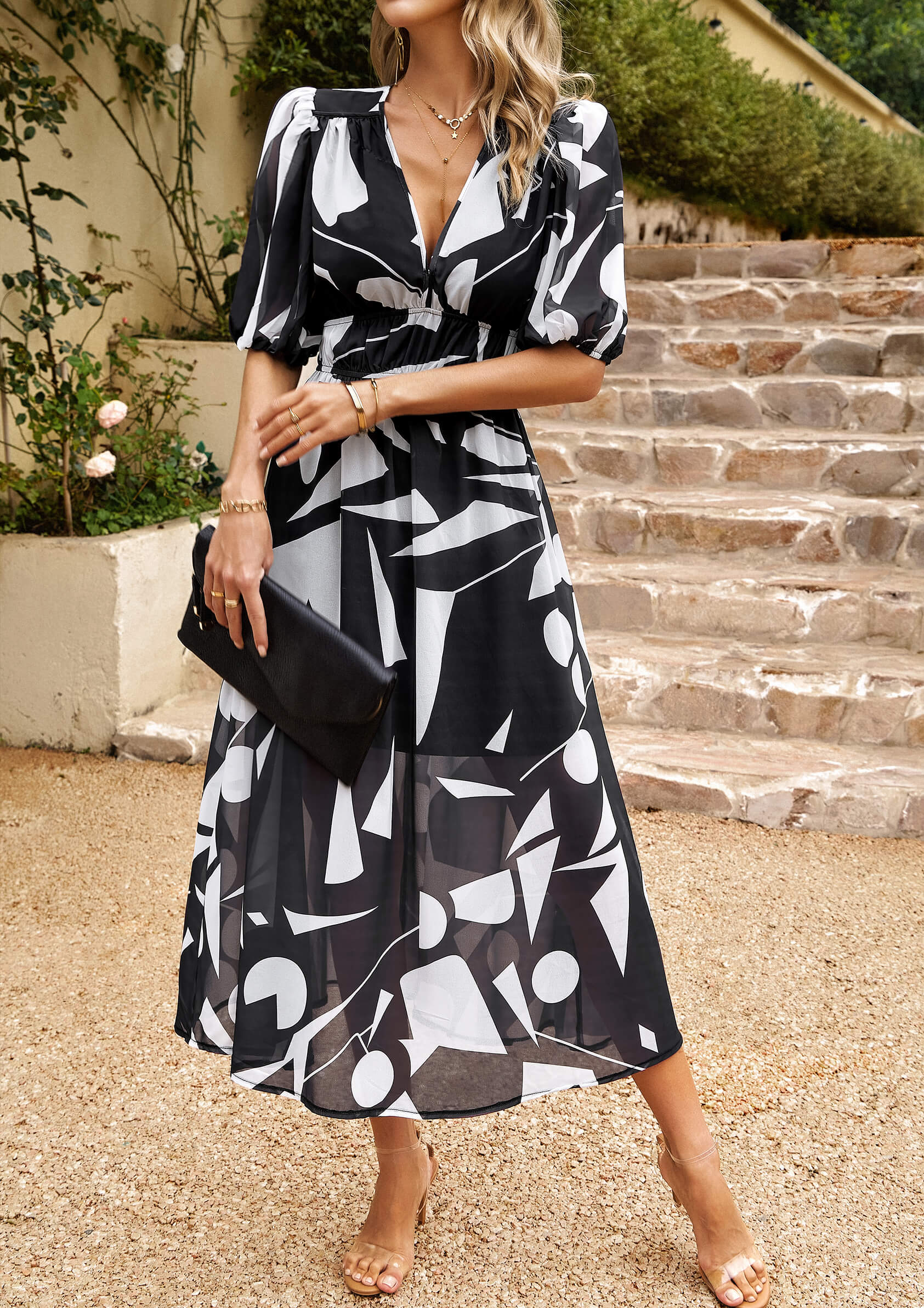 HIDDEN PASSAGE PRINTED MIDI DRESS - BLACK - Image 6