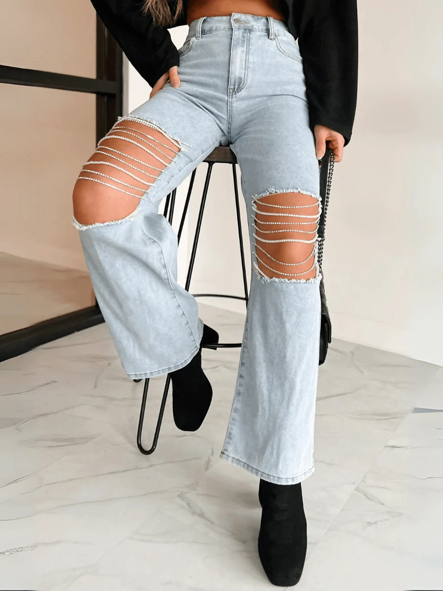 High Rise Rhinestone Chain Distressed Wide Leg Jeans - Light Wash - Image 2