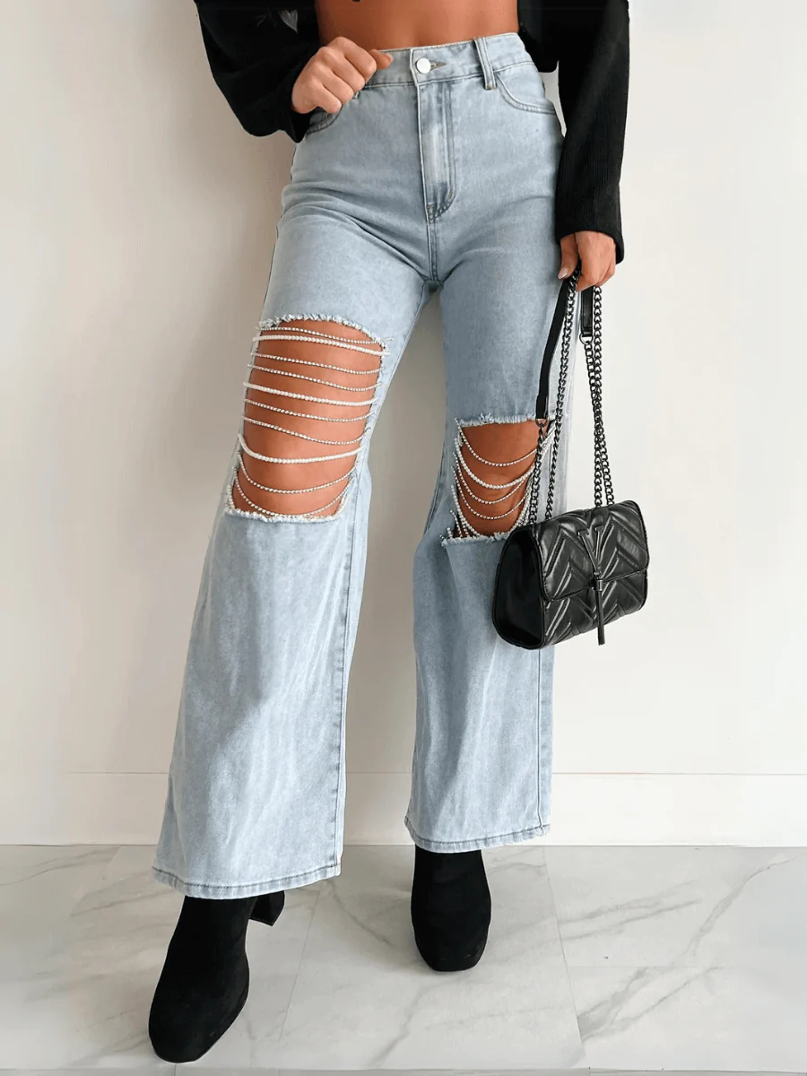High Rise Rhinestone Chain Distressed Wide Leg Jeans - Light Wash - Image 3