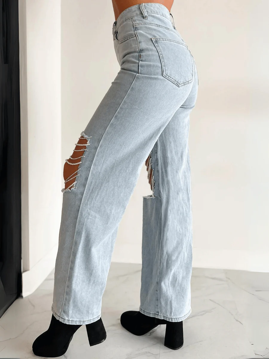 High Rise Rhinestone Chain Distressed Wide Leg Jeans - Light Wash - Image 4