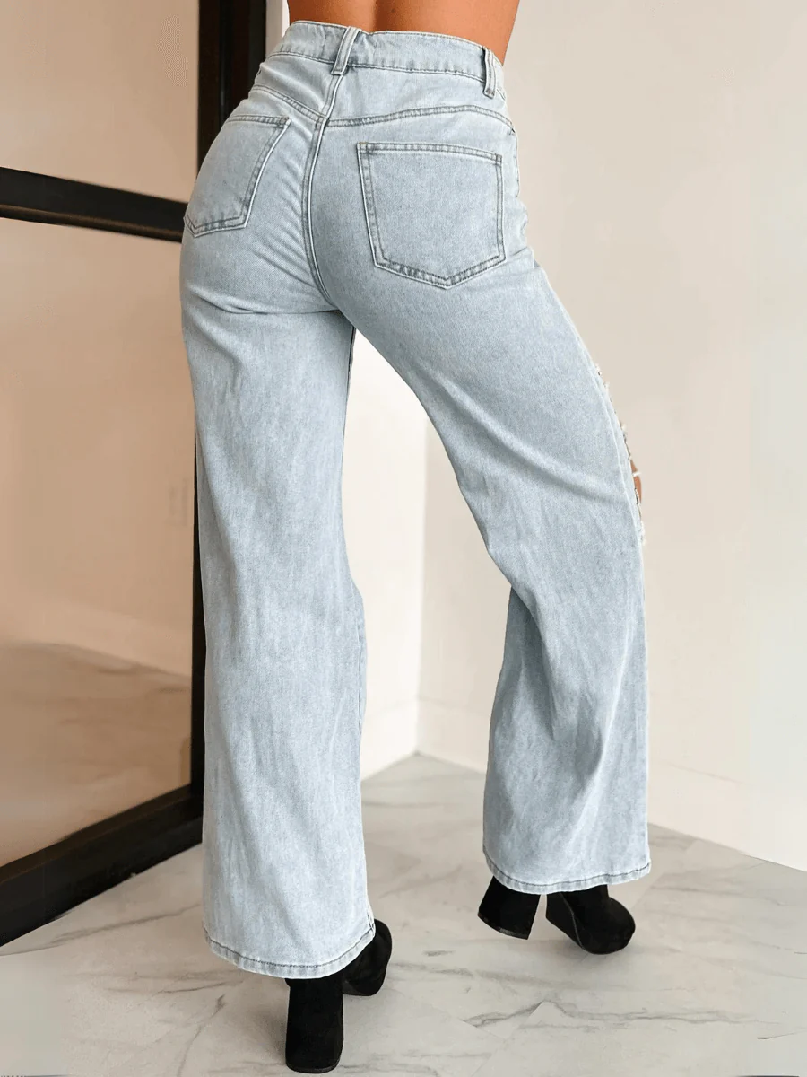 High Rise Rhinestone Chain Distressed Wide Leg Jeans - Light Wash - Image 5