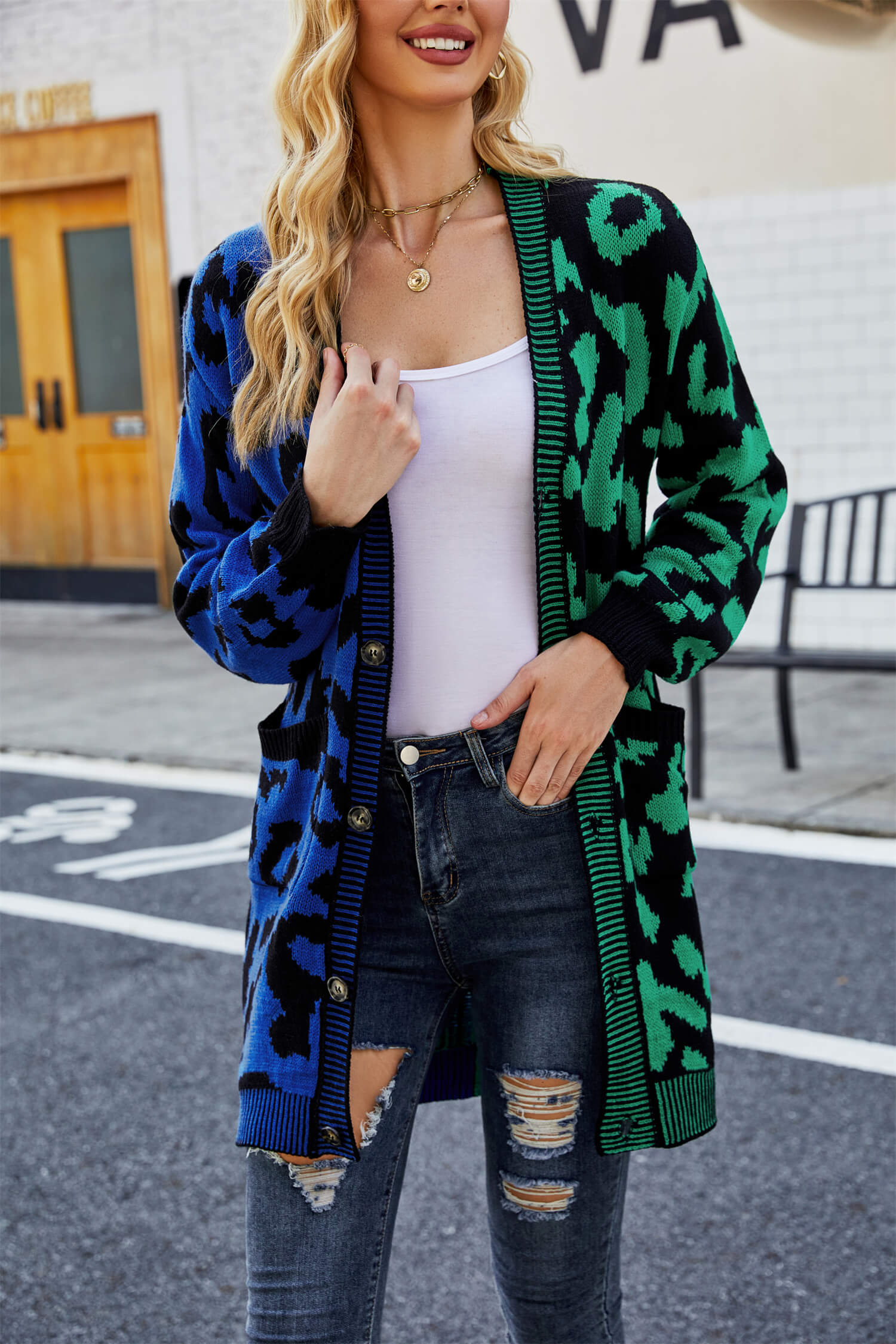Hollis Leopard Knit Long Cardigan - Green - Image 2