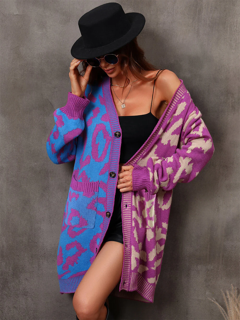 Hollis Leopard Knit Long Cardigan - Purple - Image 3