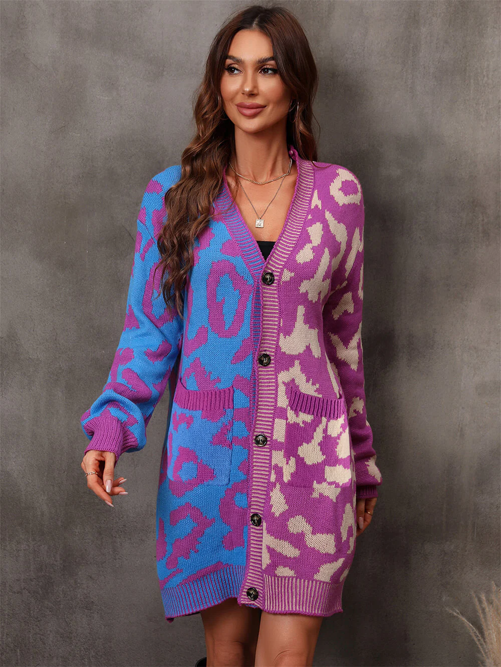 Hollis Leopard Knit Long Cardigan - Purple - Image 6