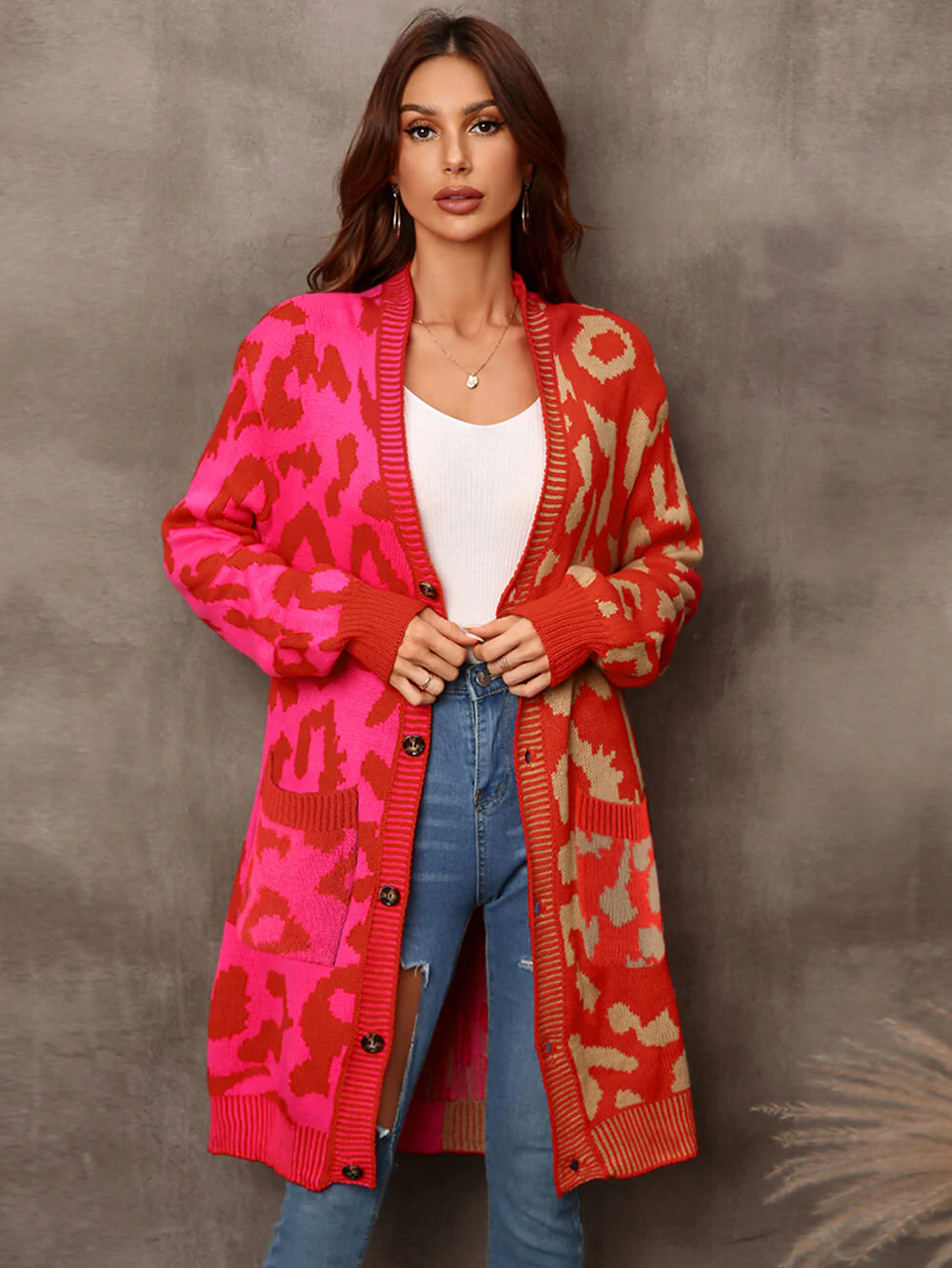 Hollis Leopard Knit Long Cardigan - Red - Image 2