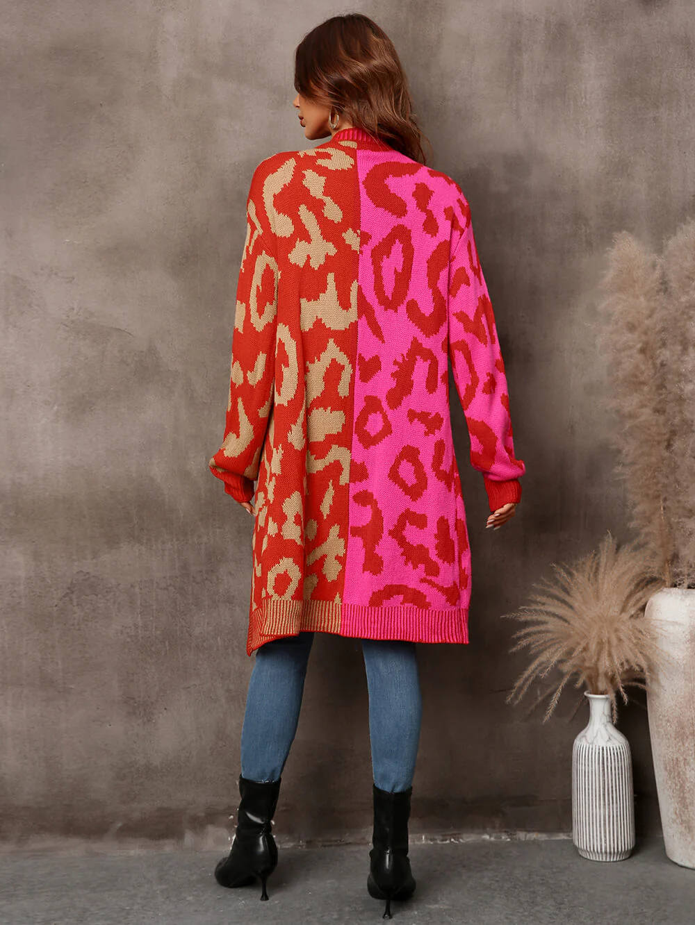 Hollis Leopard Knit Long Cardigan - Red - Image 3