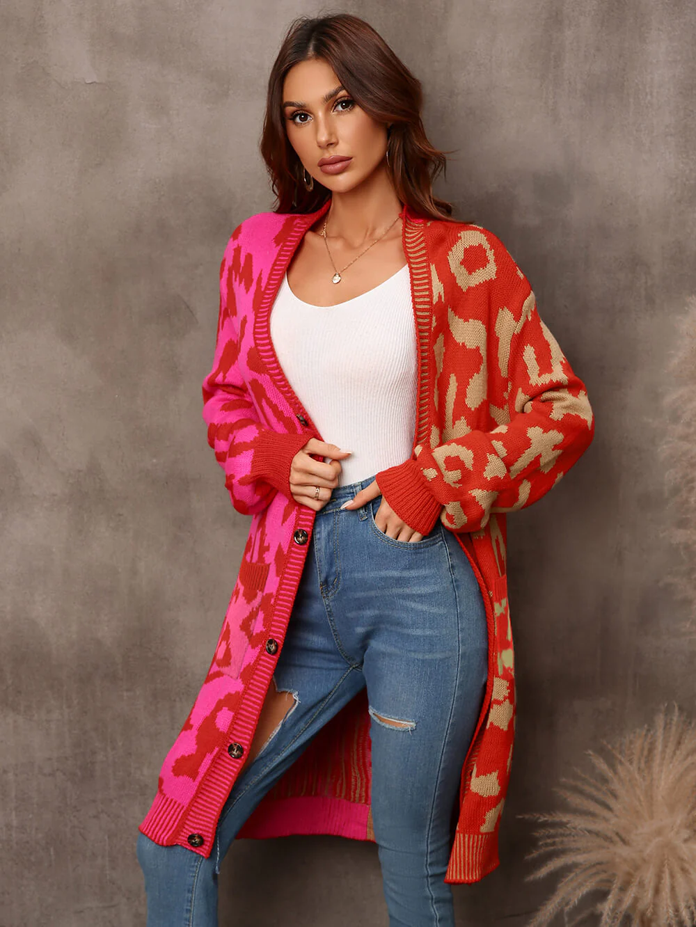 Hollis Leopard Knit Long Cardigan - Red - Image 4
