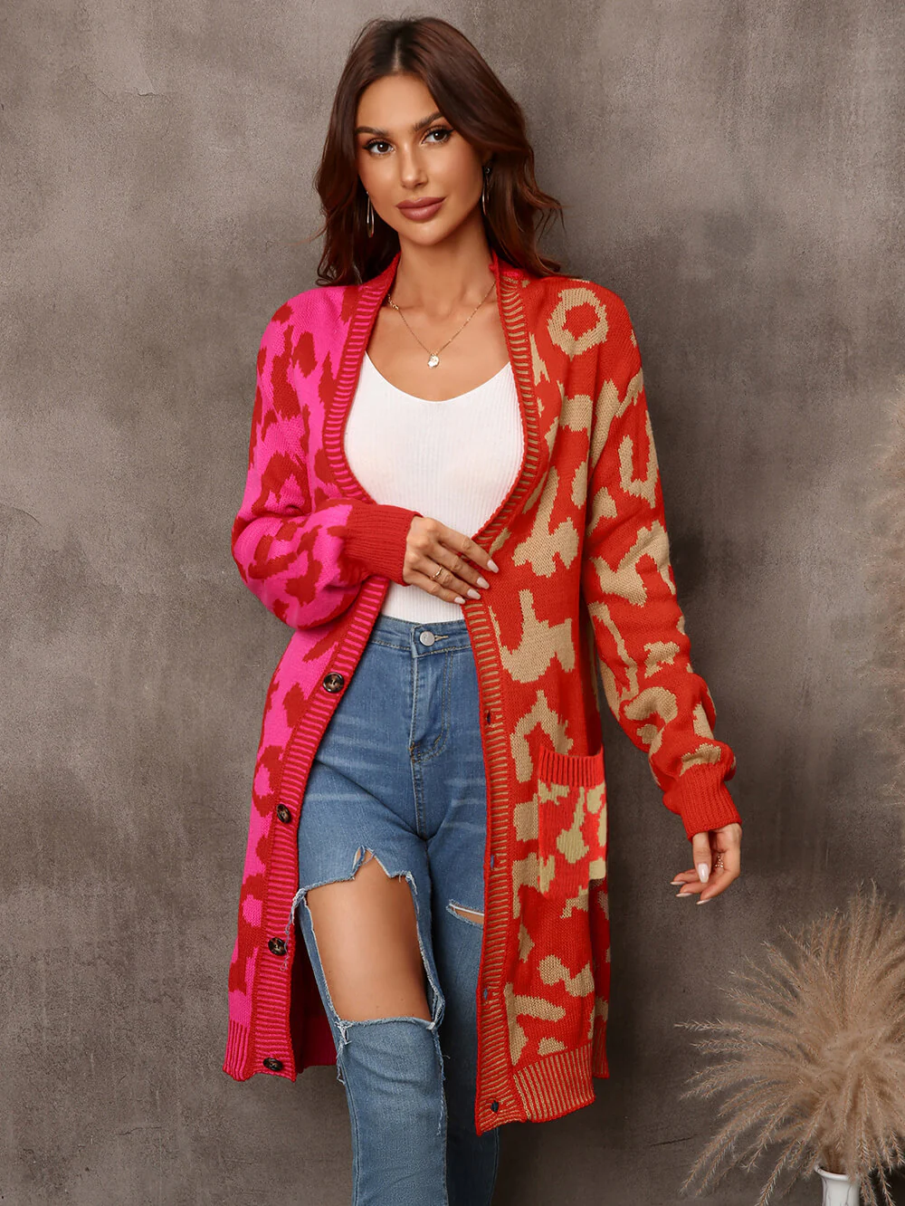 Hollis Leopard Knit Long Cardigan - Red - Image 5