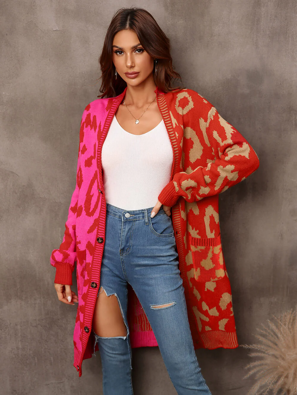Hollis Leopard Knit Long Cardigan - Red - Image 6