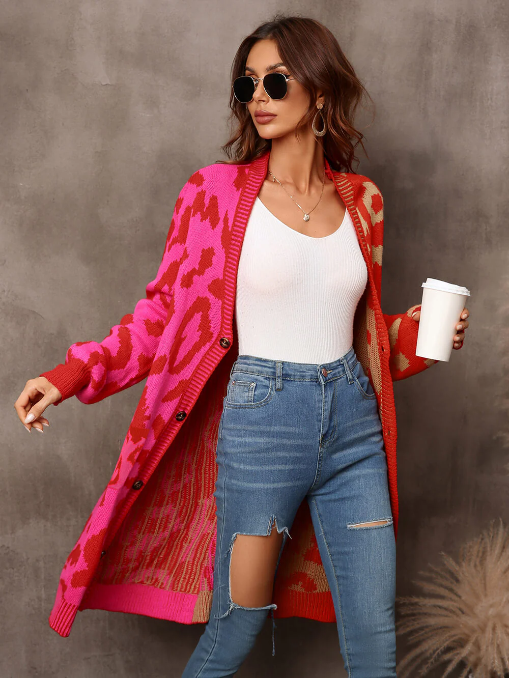 Hollis Leopard Knit Long Cardigan - Red - Image 7