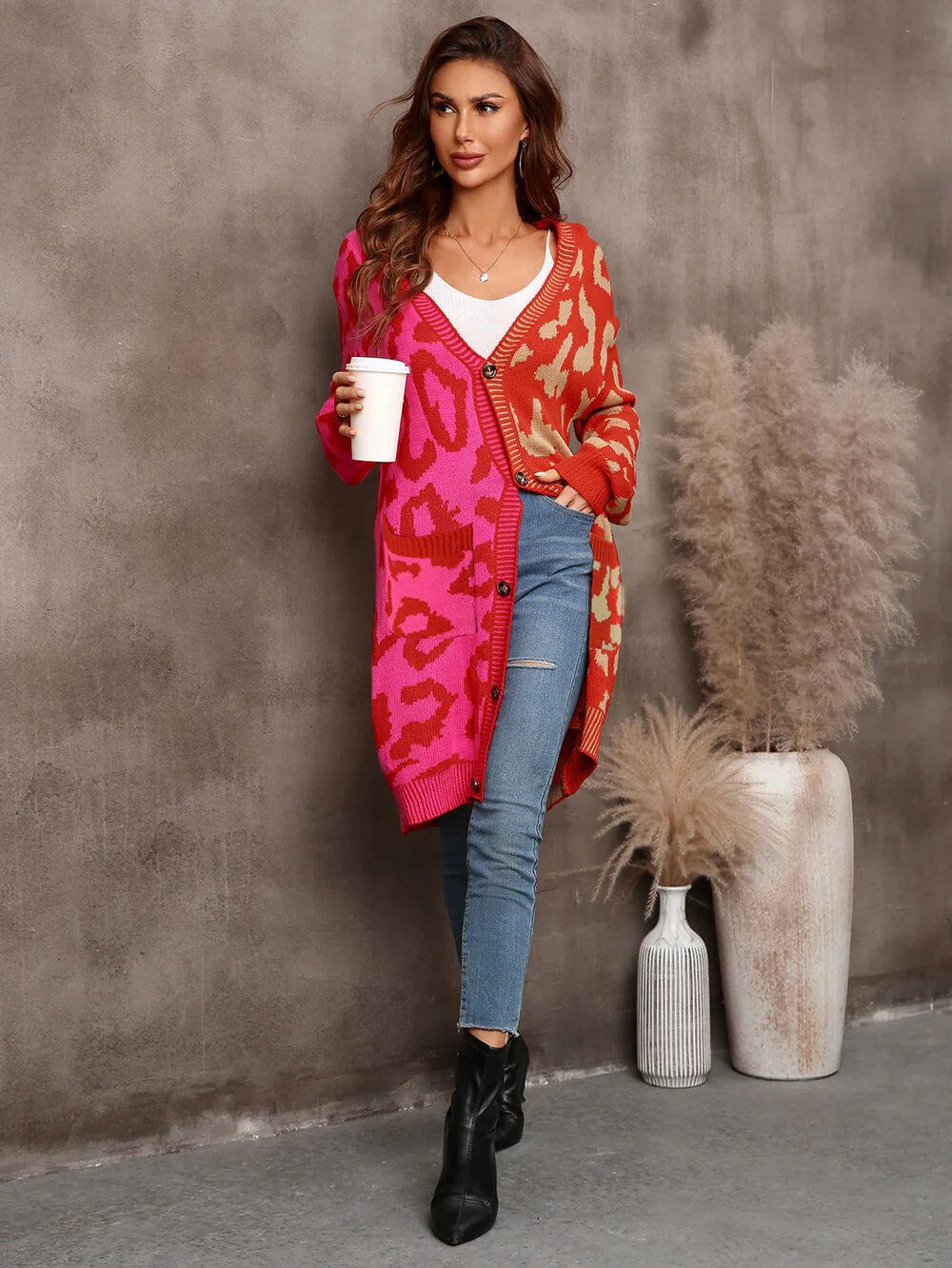 Hollis Leopard Knit Long Cardigan - Red - Image 8