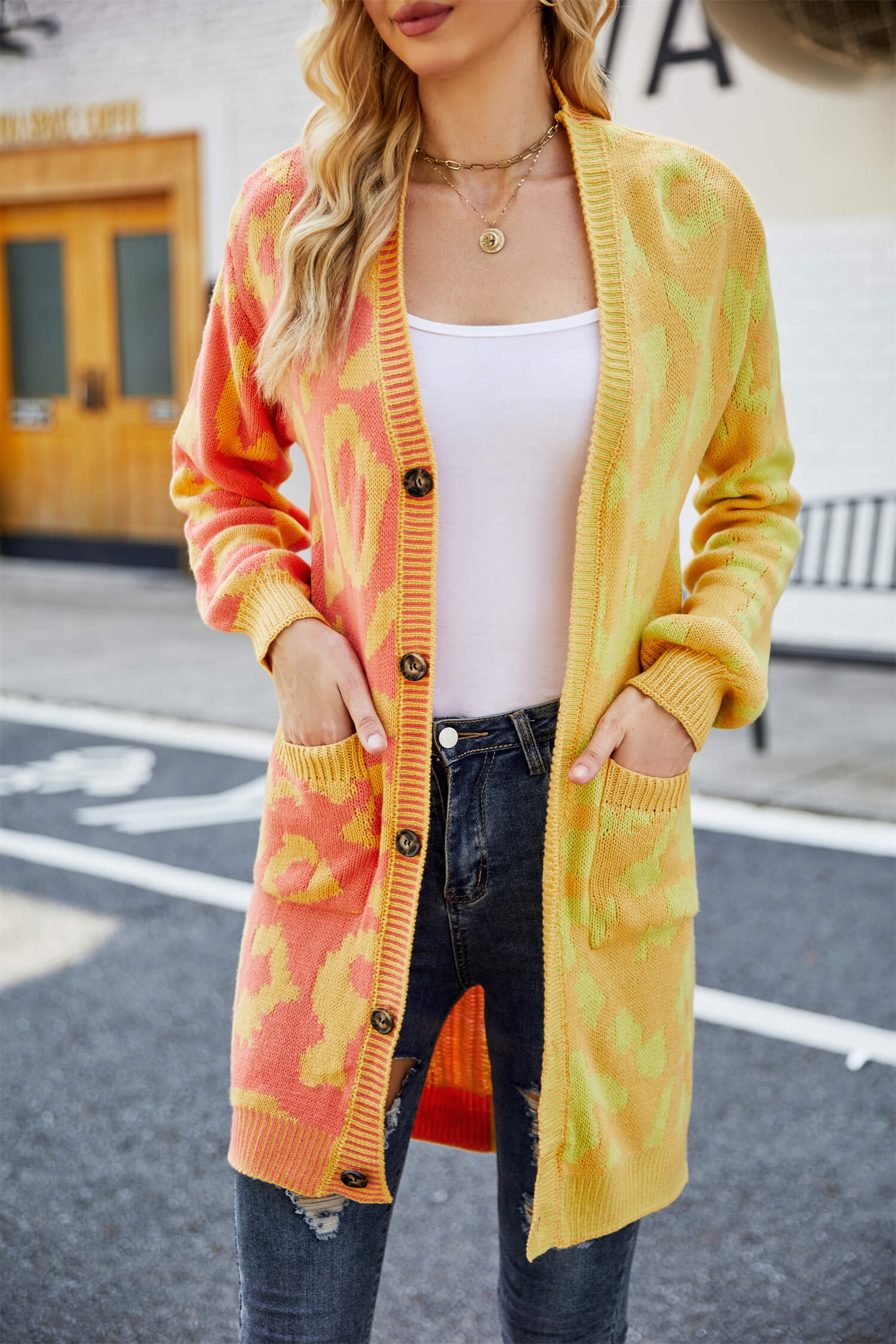 Hollis Leopard Knit Long Cardigan - Yellow - Image 2