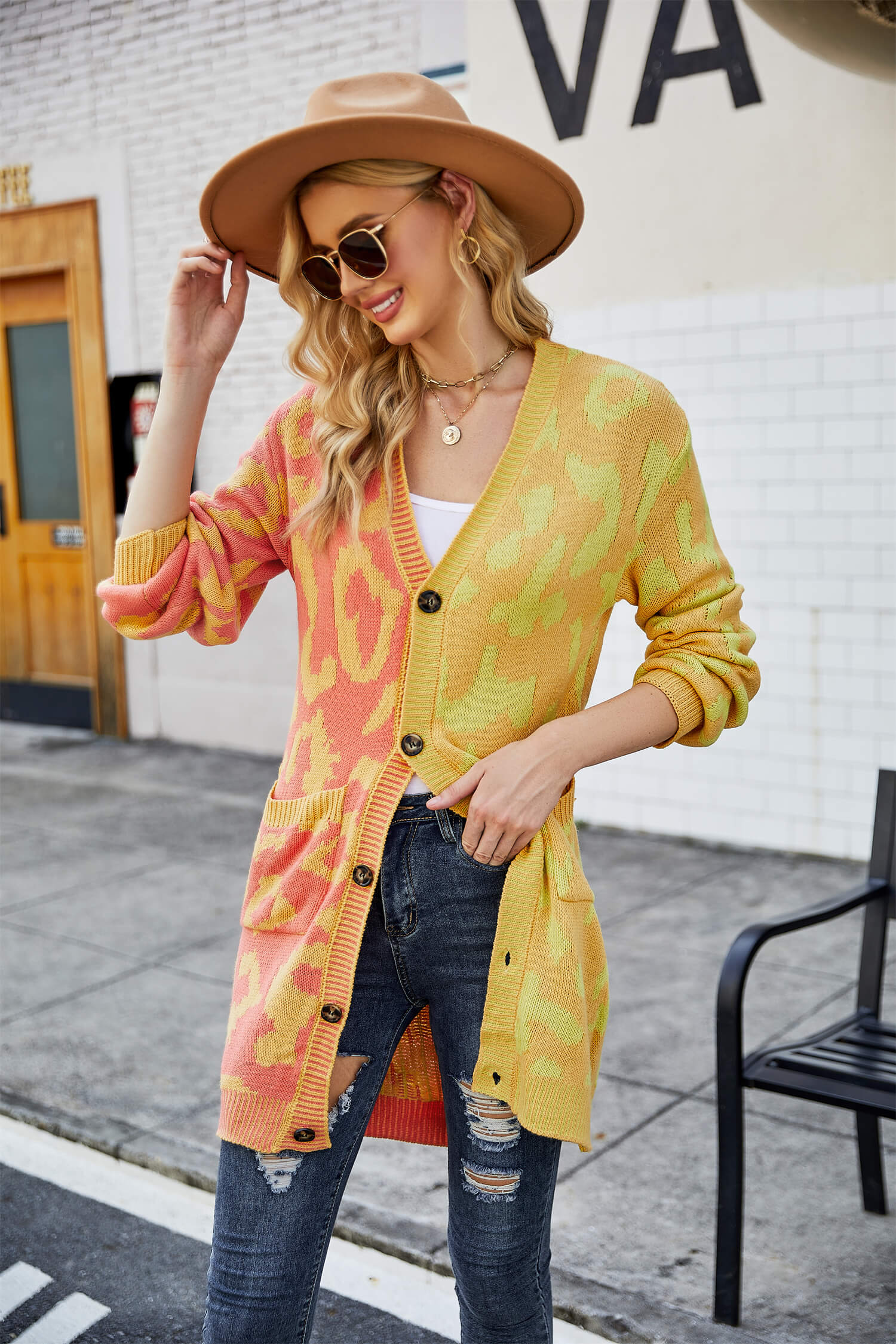 Hollis Leopard Knit Long Cardigan - Yellow - Image 4