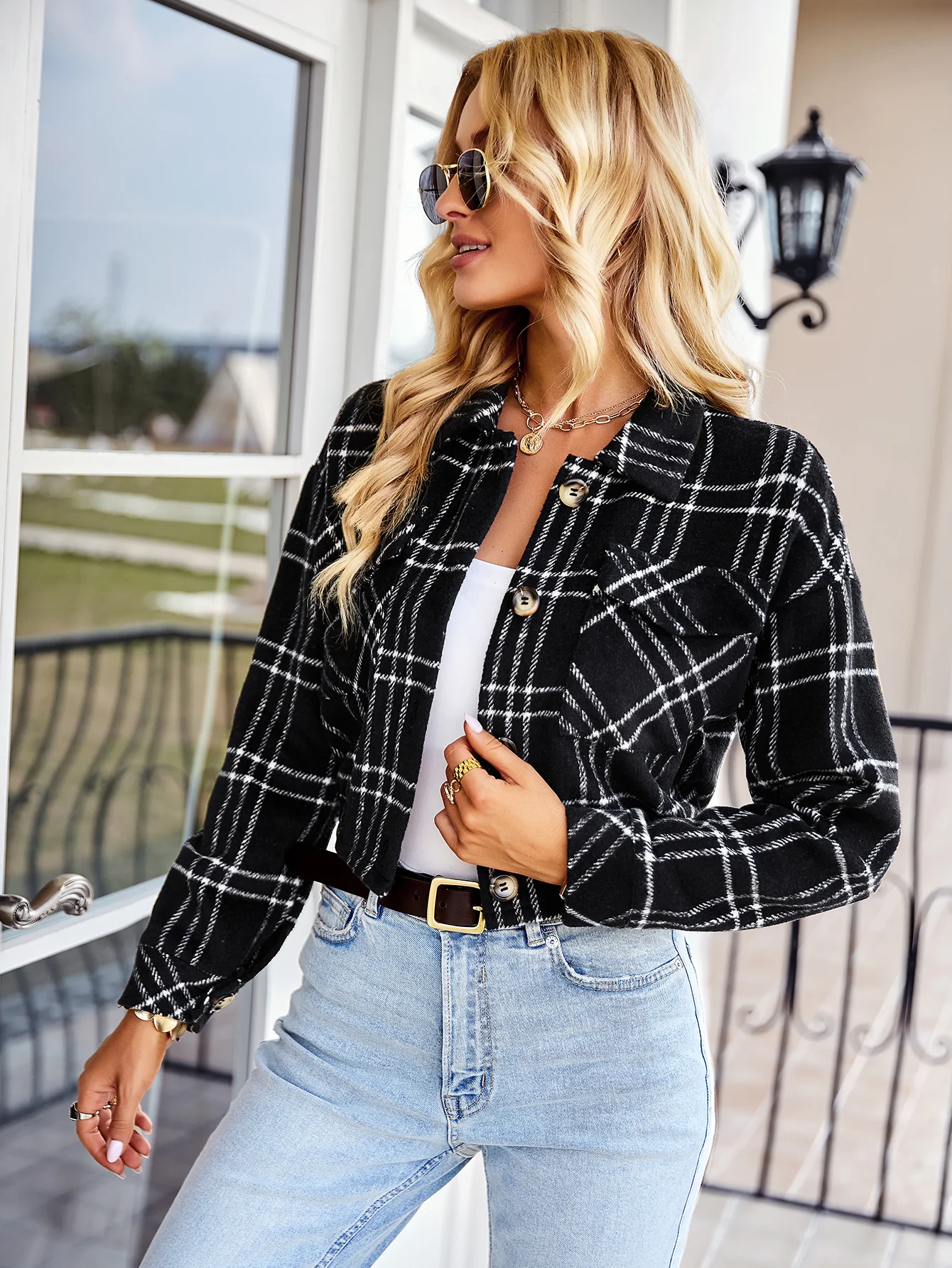 HONEYCOMB PLAID SHACKET - BLACK - Image 2
