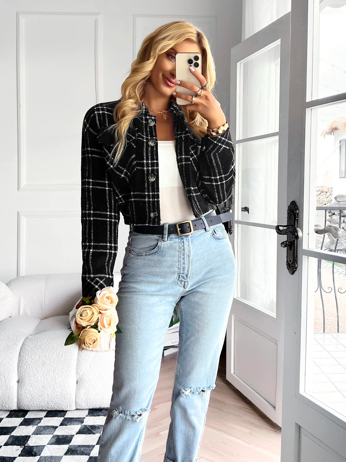 HONEYCOMB PLAID SHACKET - BLACK - Image 4