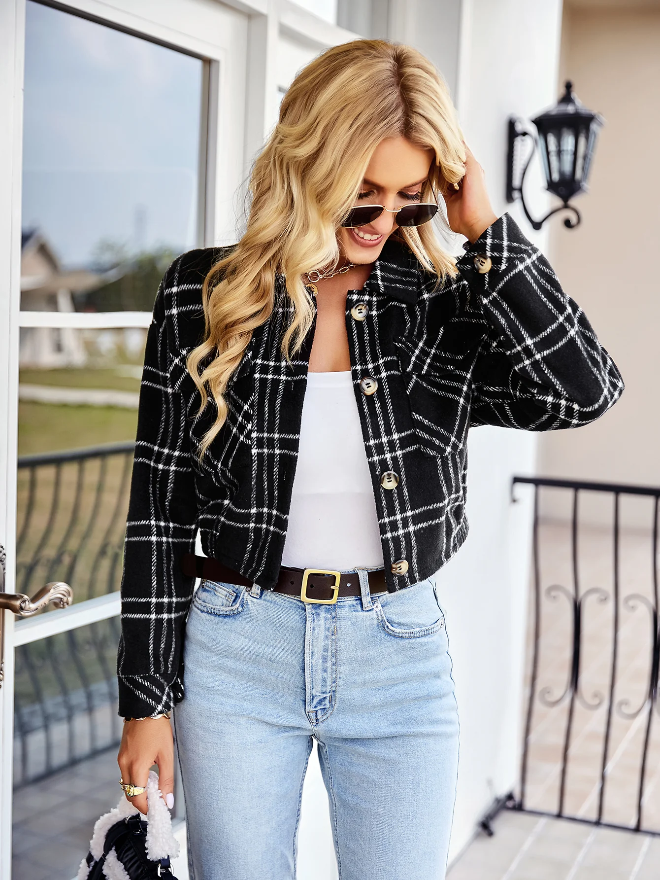 HONEYCOMB PLAID SHACKET - BLACK - Image 5