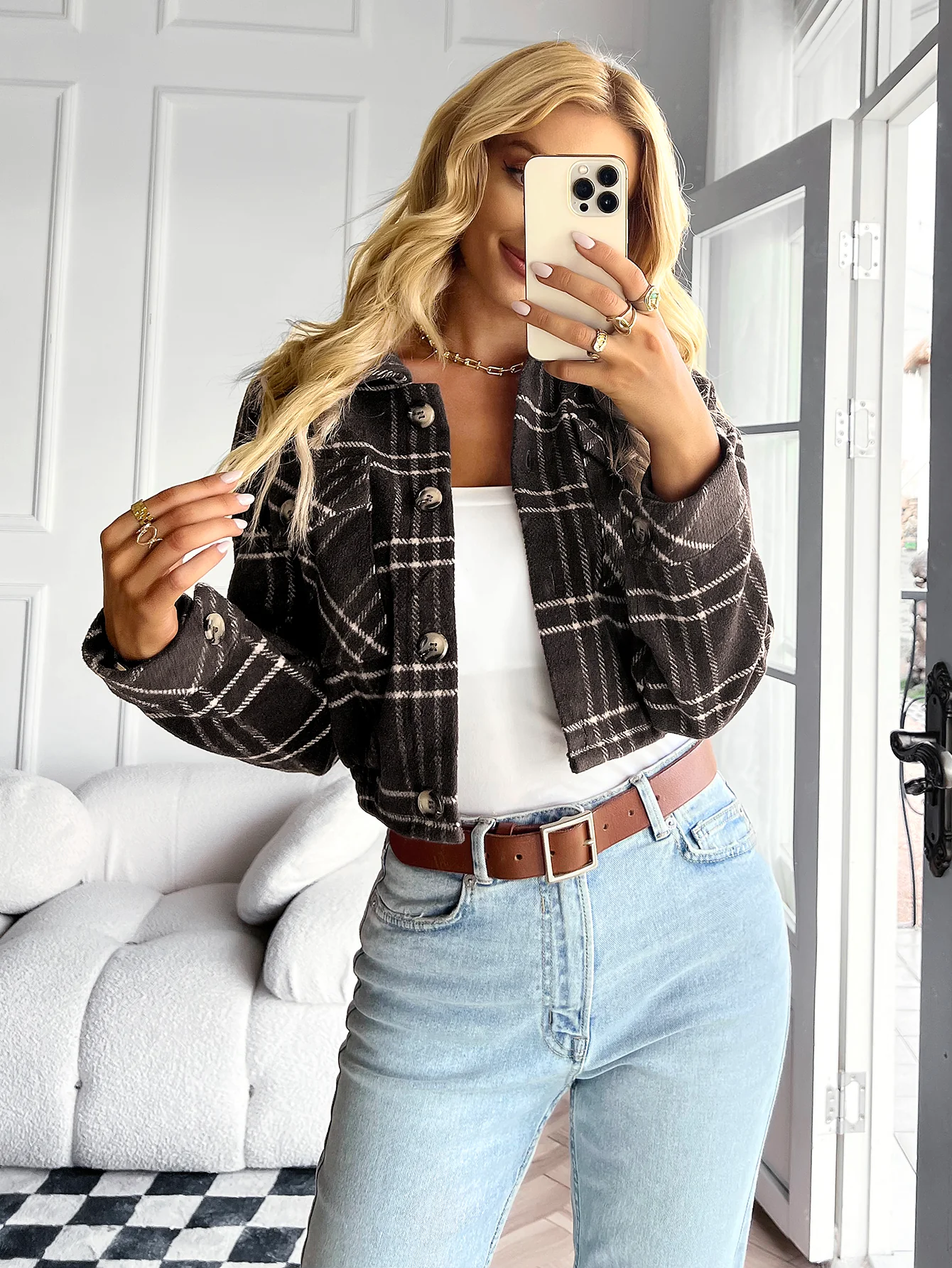 HONEYCOMB PLAID SHACKET - BROWN - Image 6