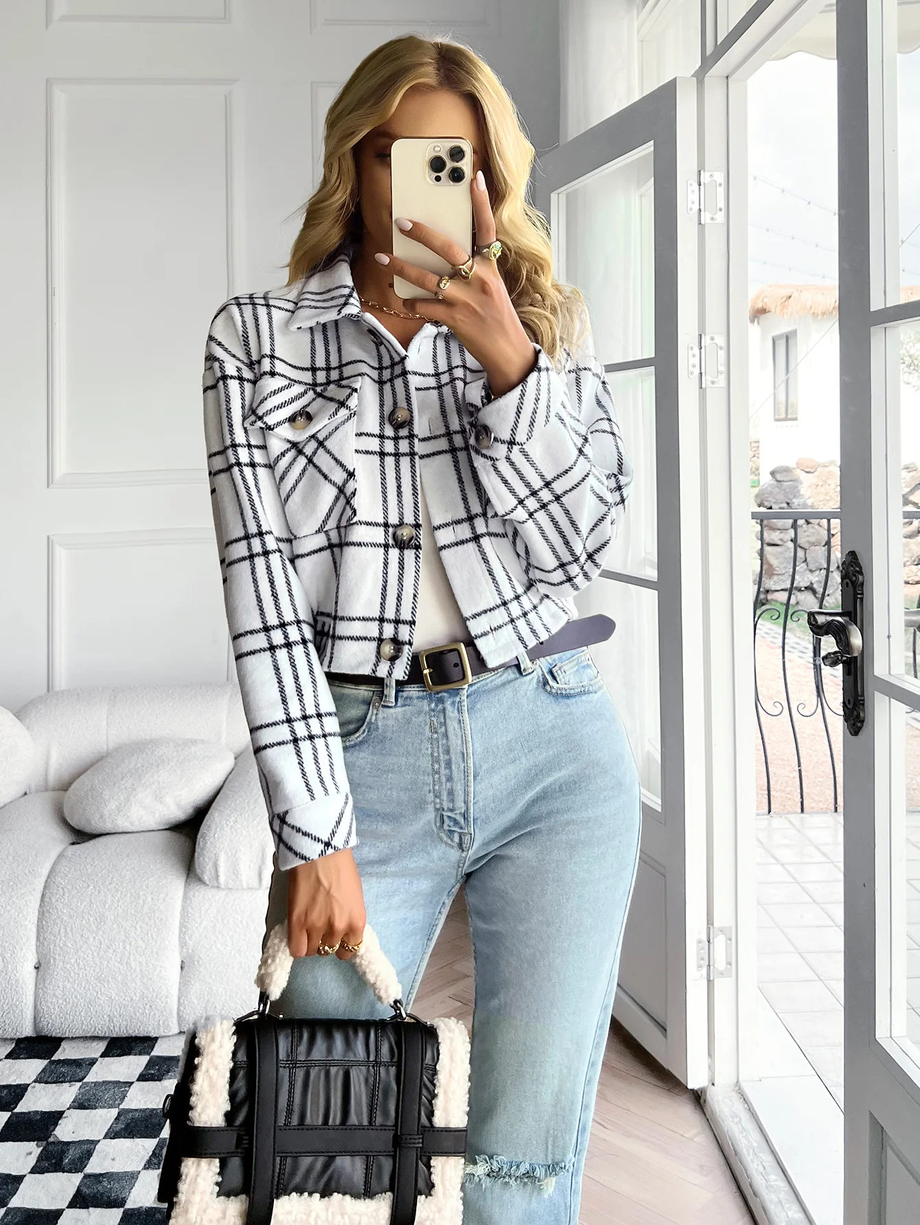 HONEYCOMB PLAID SHACKET - CREAM