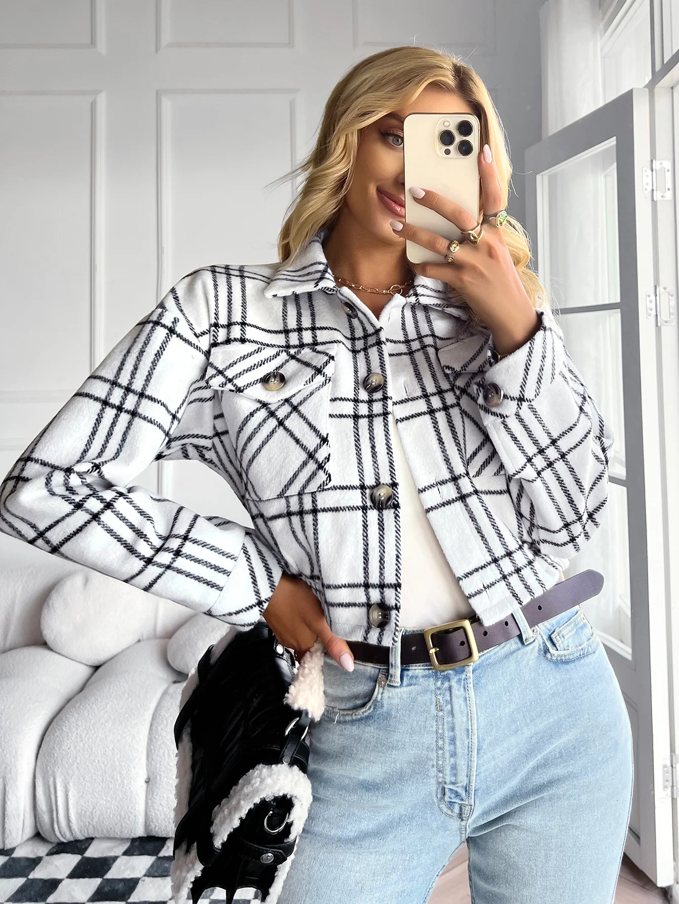 HONEYCOMB PLAID SHACKET - CREAM - Image 6
