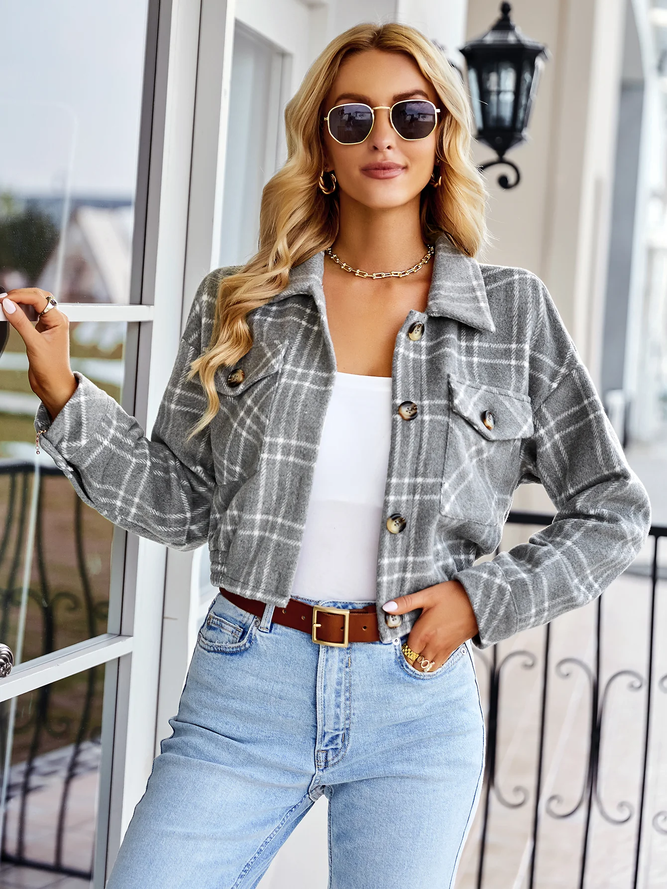 HONEYCOMB PLAID SHACKET - GREY - Image 4