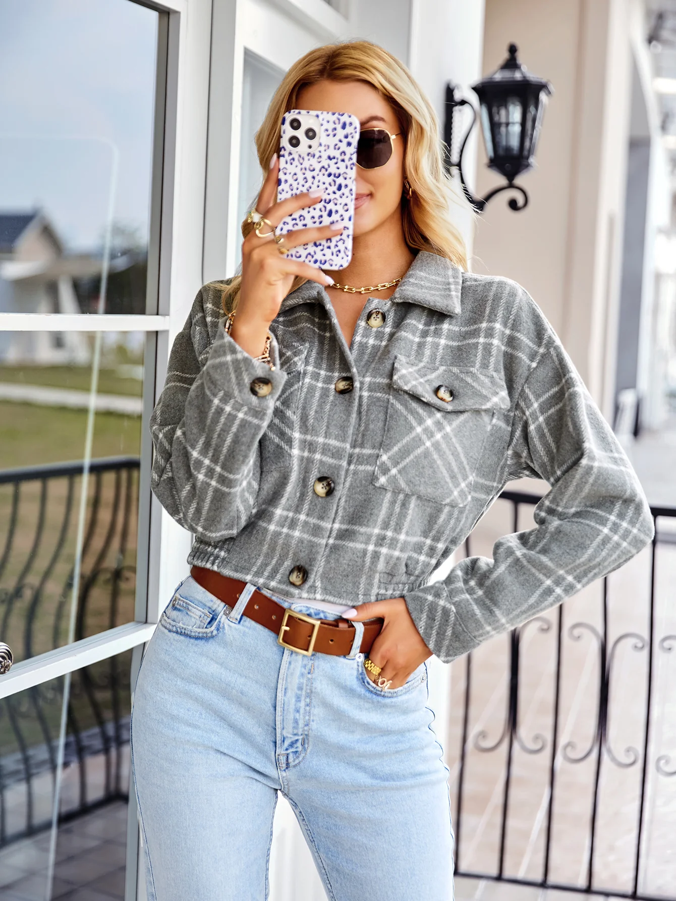 HONEYCOMB PLAID SHACKET - GREY - Image 5