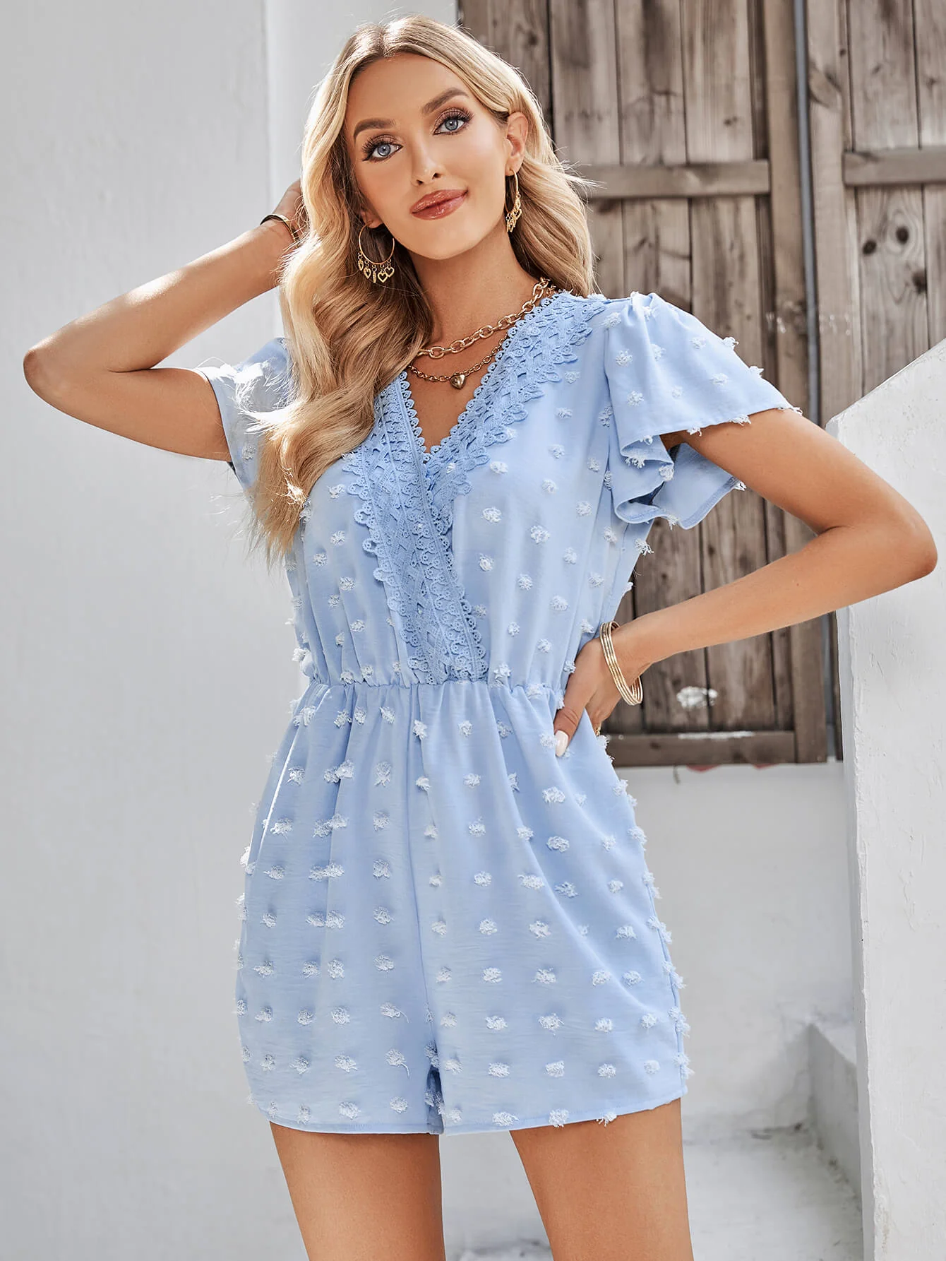 HOUSTON LACE NECK POP ROMPER - BLUE - Image 3