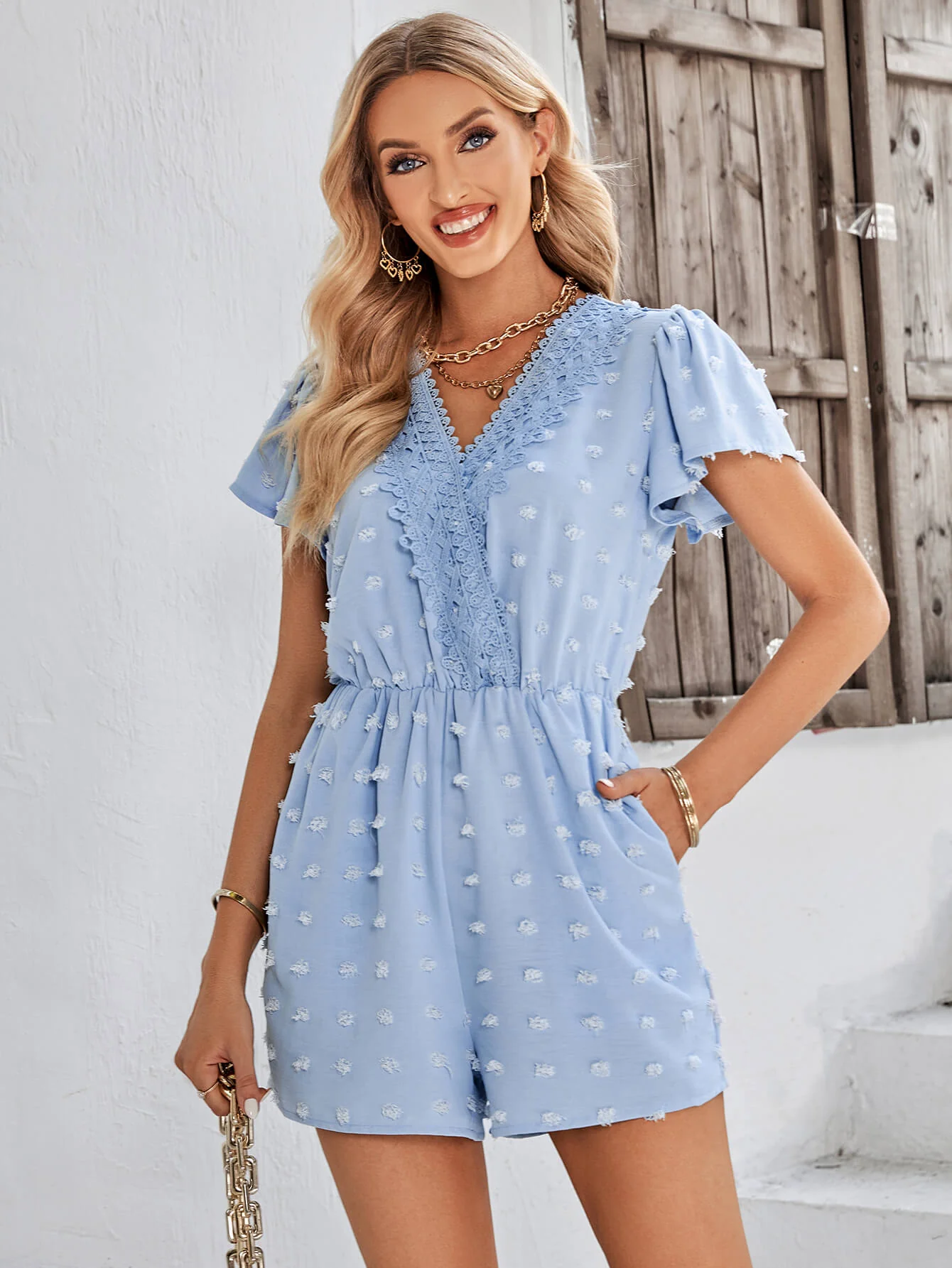 HOUSTON LACE NECK POP ROMPER - BLUE - Image 5