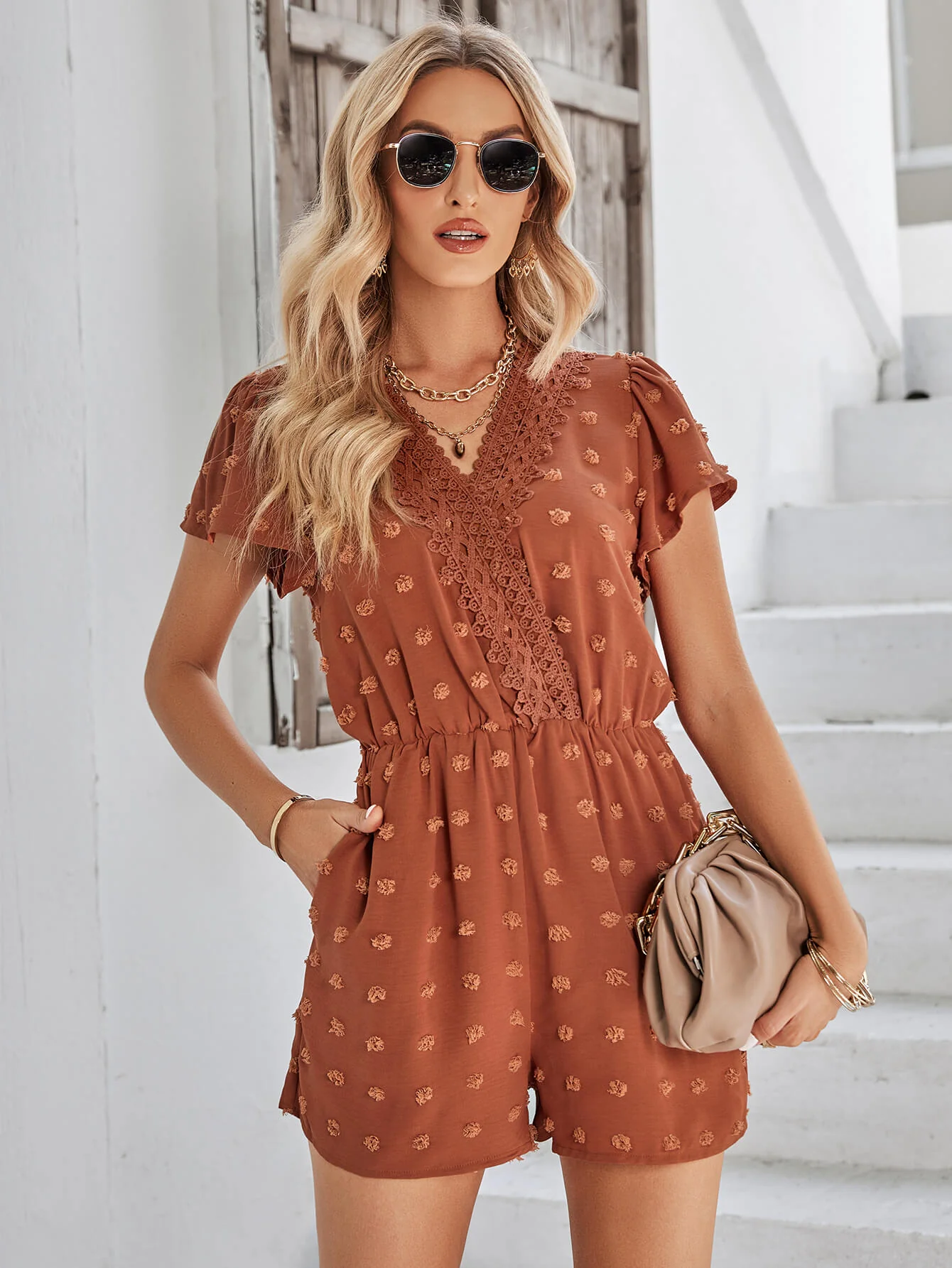HOUSTON LACE NECK POP ROMPER - BRICK
