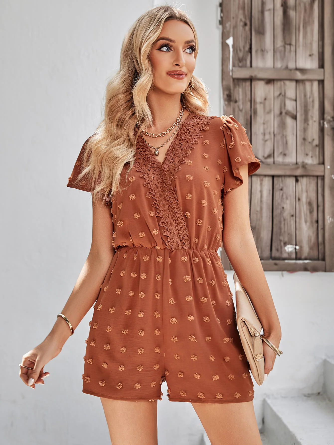 HOUSTON LACE NECK POP ROMPER - BRICK - Image 4