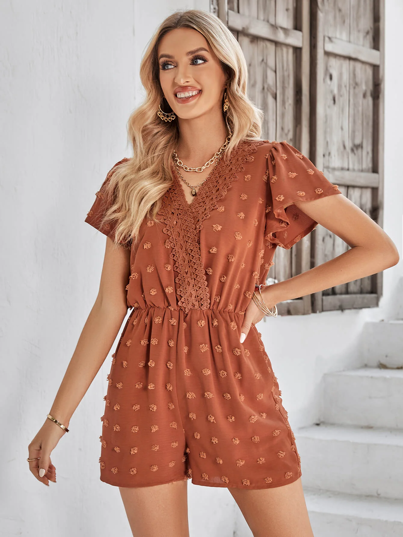 HOUSTON LACE NECK POP ROMPER - BRICK - Image 5