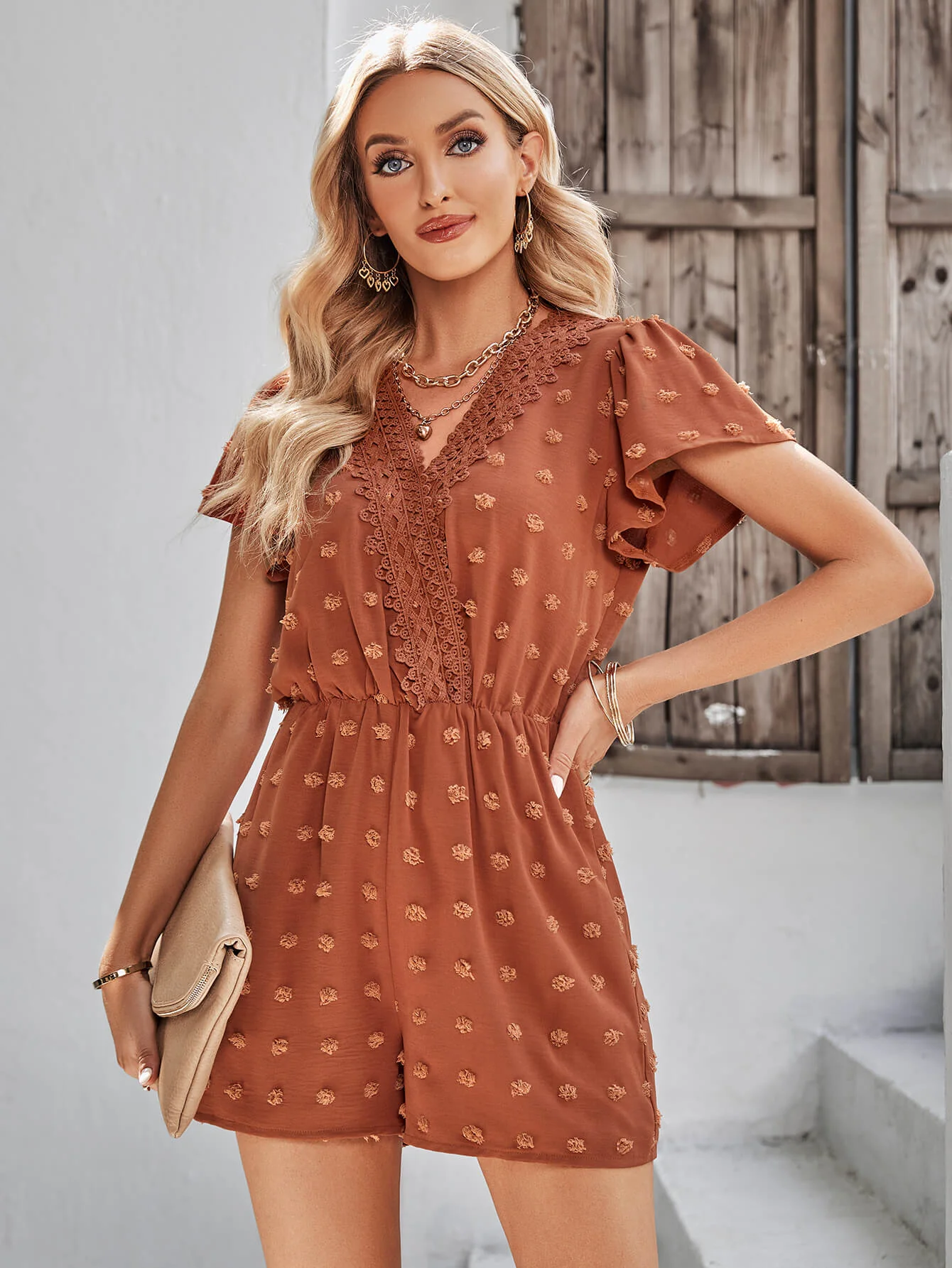 HOUSTON LACE NECK POP ROMPER - BRICK - Image 6