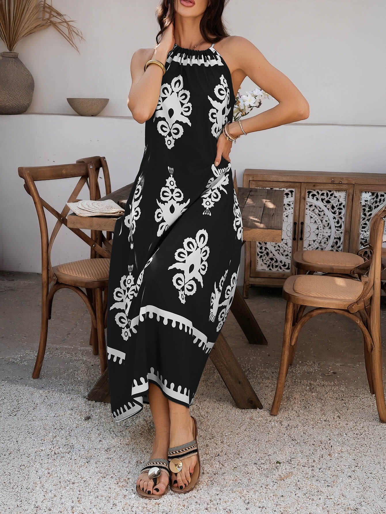 Indy Abstract Halter Neckline Maxi Dress - black - Image 6