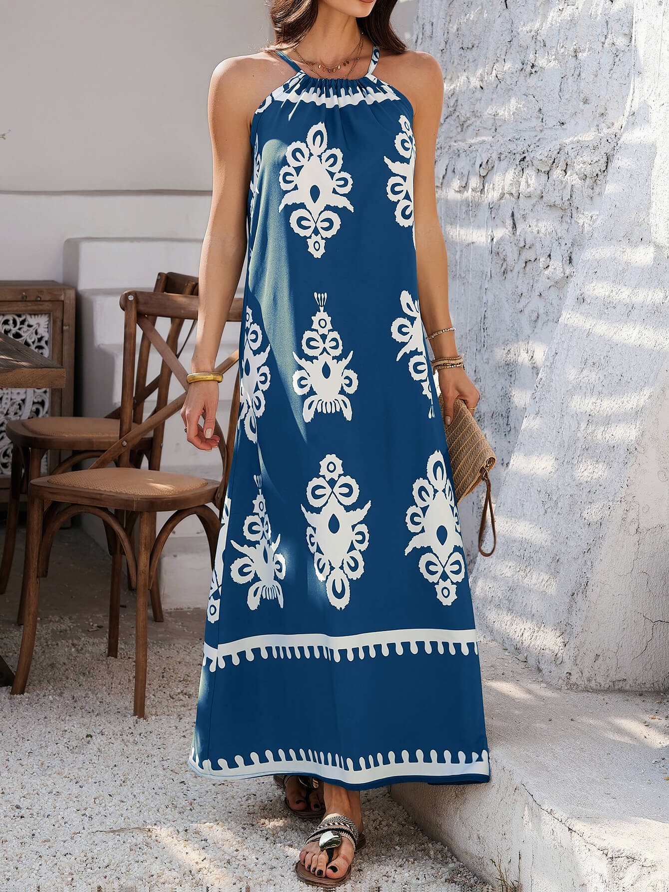Indy Abstract Halter Neckline Maxi Dress - navy - Image 3