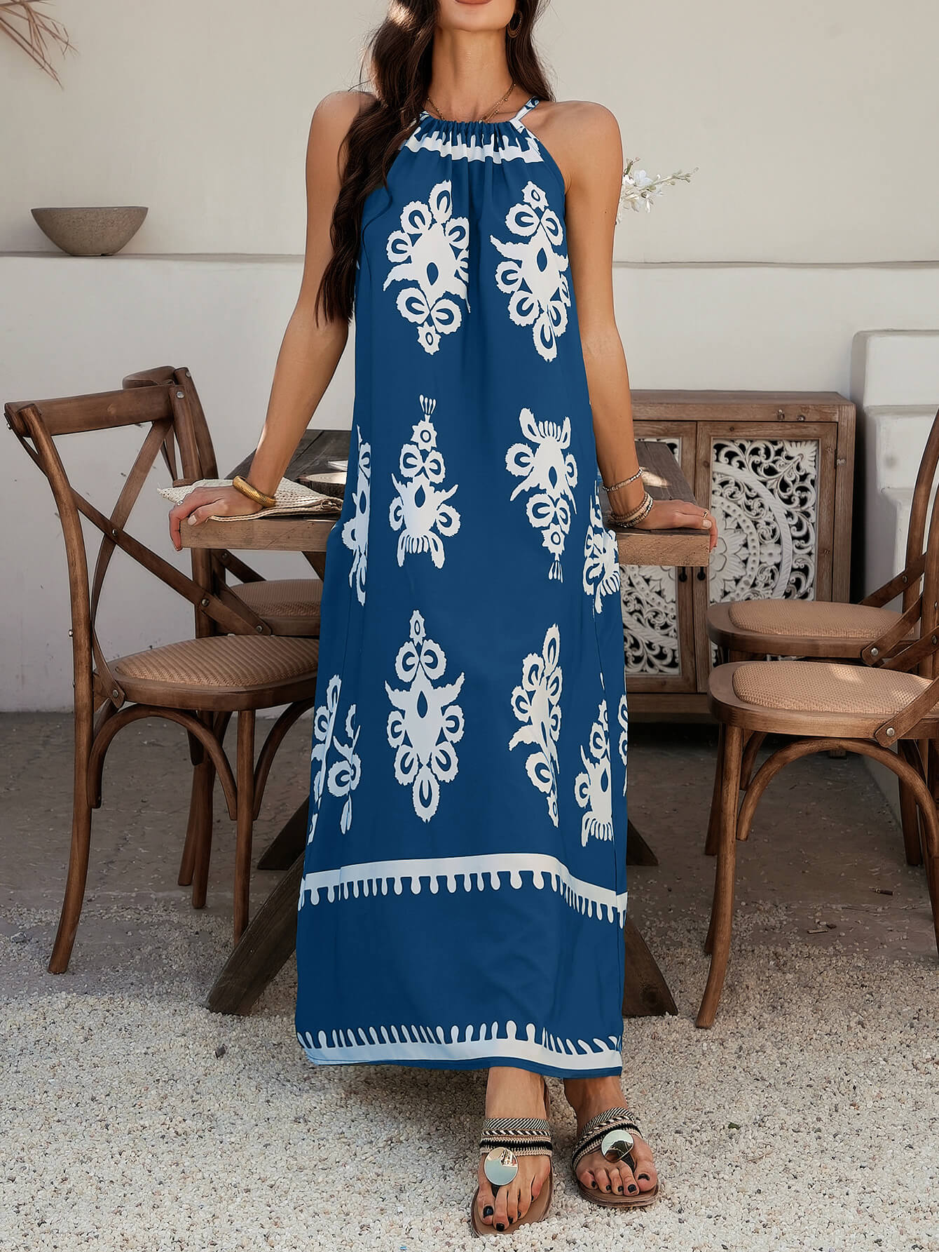 Indy Abstract Halter Neckline Maxi Dress - navy - Image 4