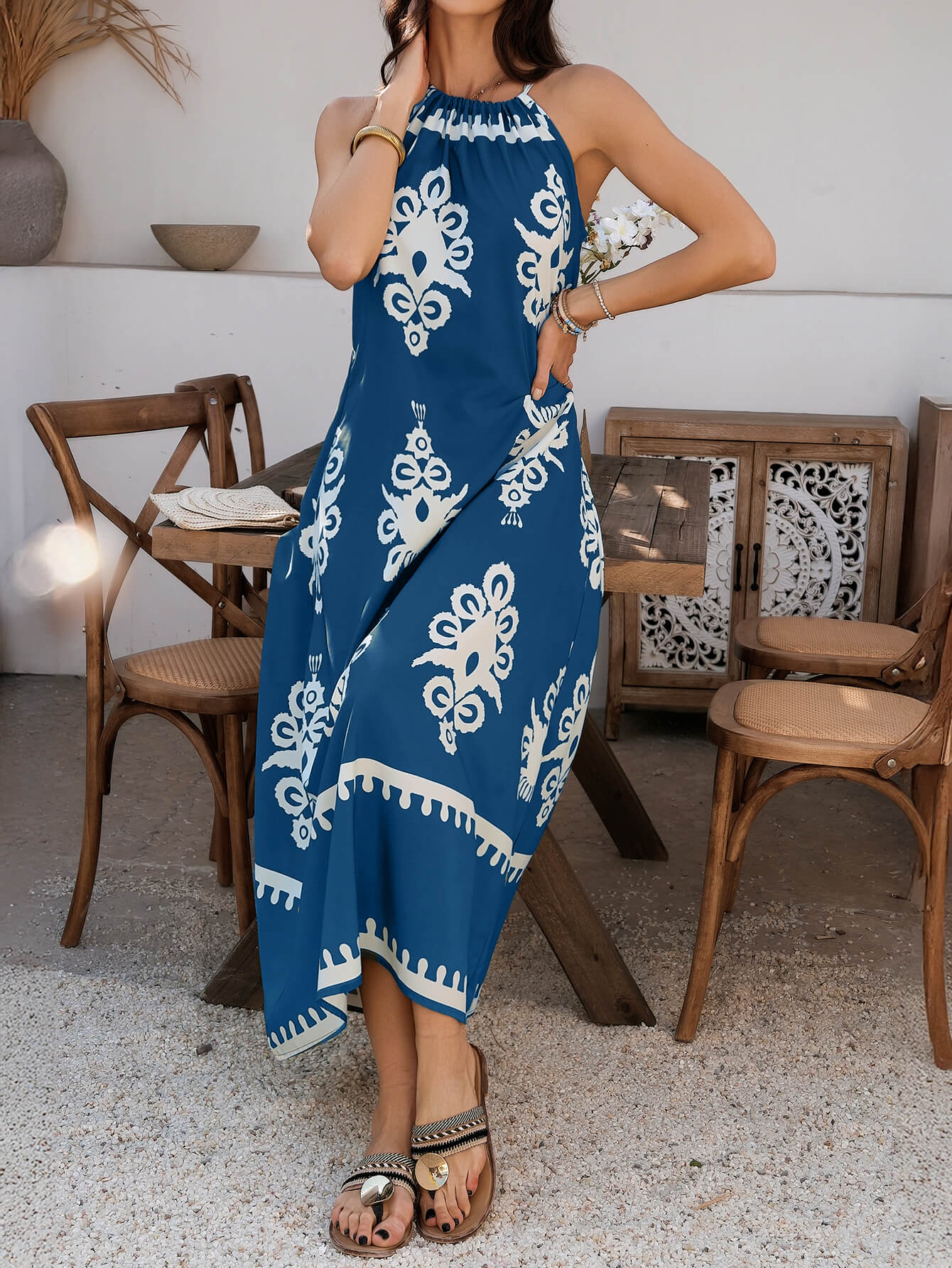 Indy Abstract Halter Neckline Maxi Dress - navy - Image 5